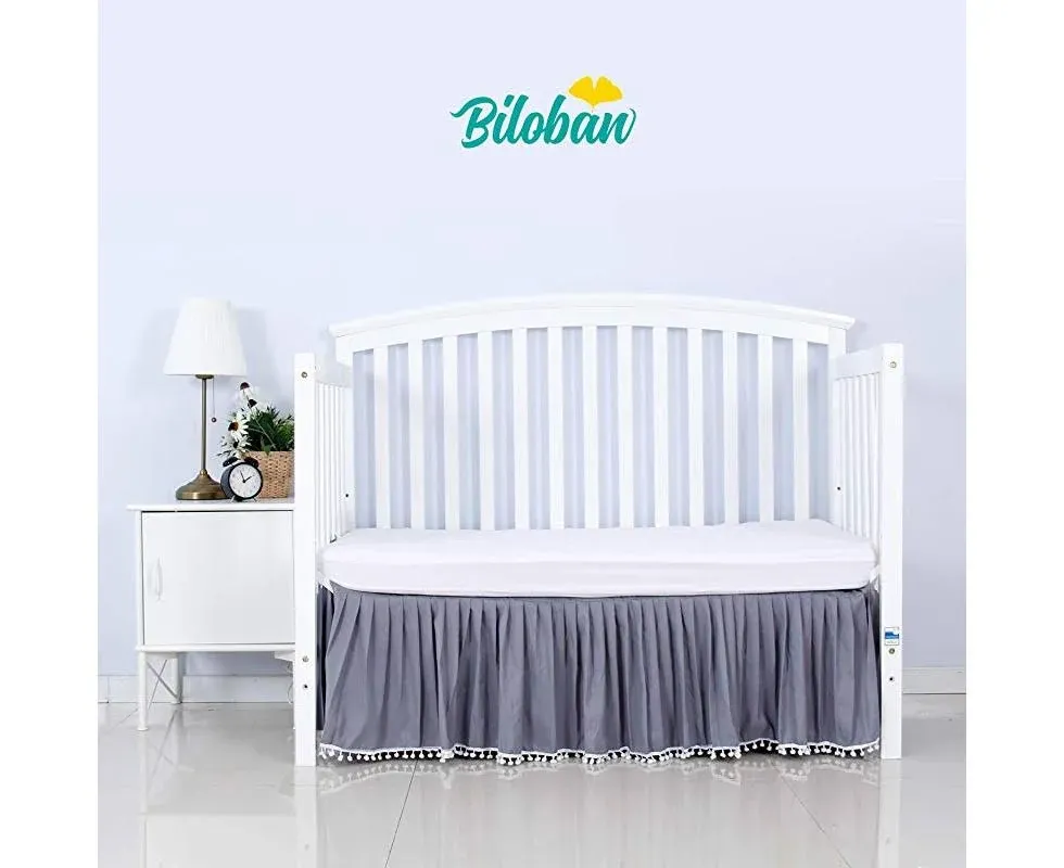 Crib Bed Skirt Grey Pleated with White Lovely Pompoms, Bedding Dust Ruffle for Baby Boys, 14" Drop, Fit All Standard Crib Bed, Machine Wahable Crib Skirt