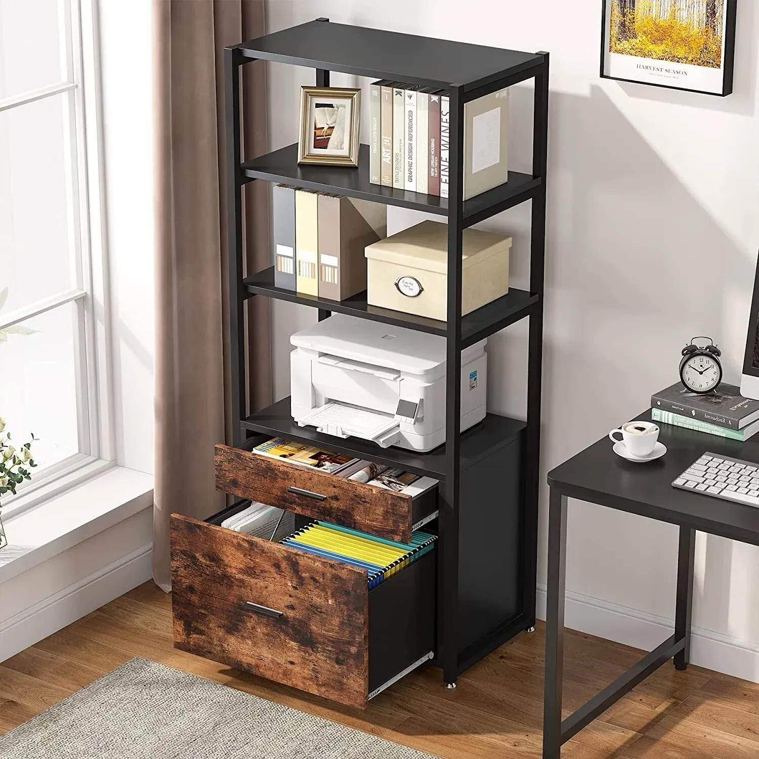 Modern Bookshelf with 2 Drawers, File Cabinet with File Cabinet - Brown/Black