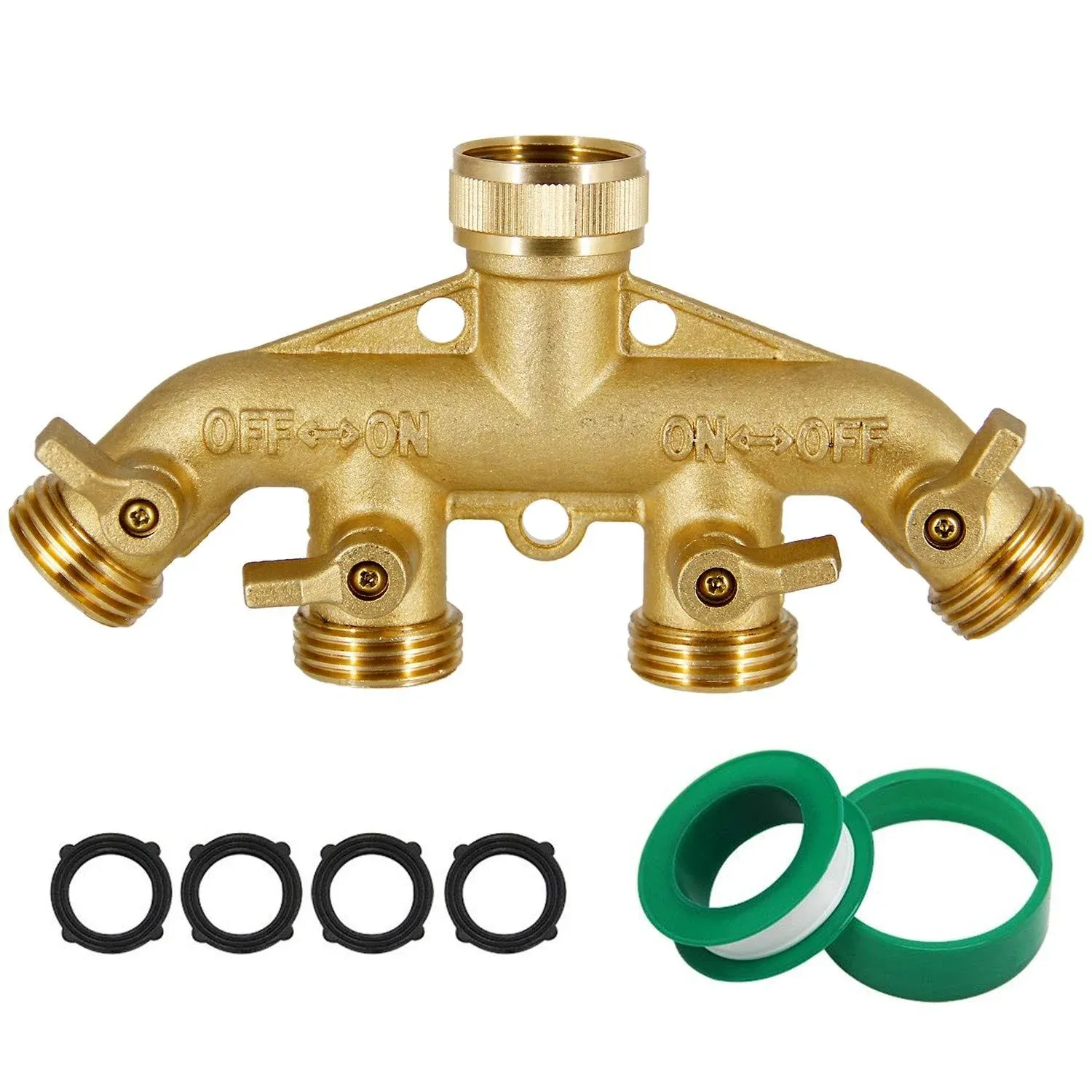 Morvat Garden Hose Connector Tap Splitter (4-Way), Hose Manifold, Heavy Duty Brass, Water Hose Splitter, Outlet Splitter, Includes Extra 8 Rubber Washers