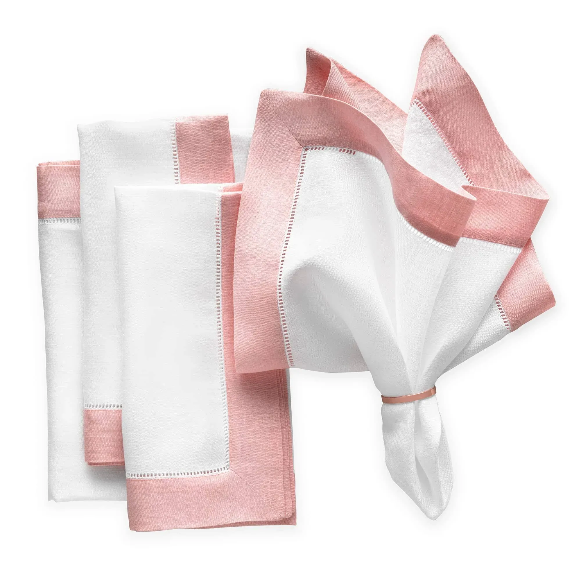 O'lucio Linen Dinner Napkins – White and Blush Pink 20 x 20 inch, Set of 4 Luxe ...