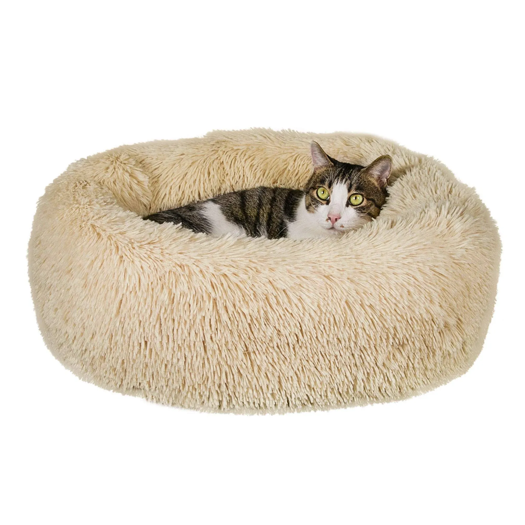 Qucey Calming Cat Beds for Indoor Cats, Anti Anxiety Round Fluffy Plush Faux Fur ...