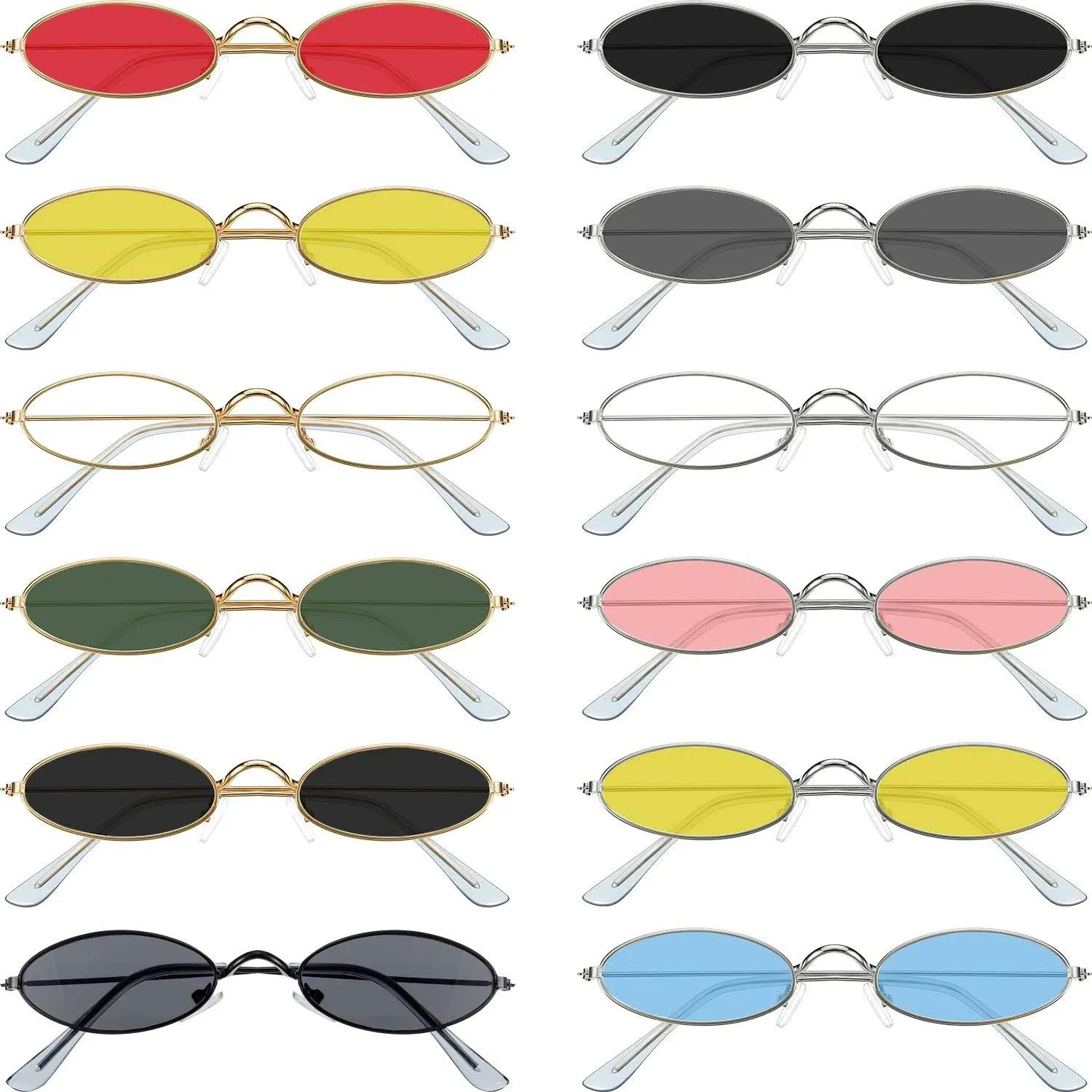 12 Pieces Vintage Oval Sunglasses Retro Slender Metal Frame Oval Glasses Small Vintage Sunglasses Candy Colors for Man and Woman