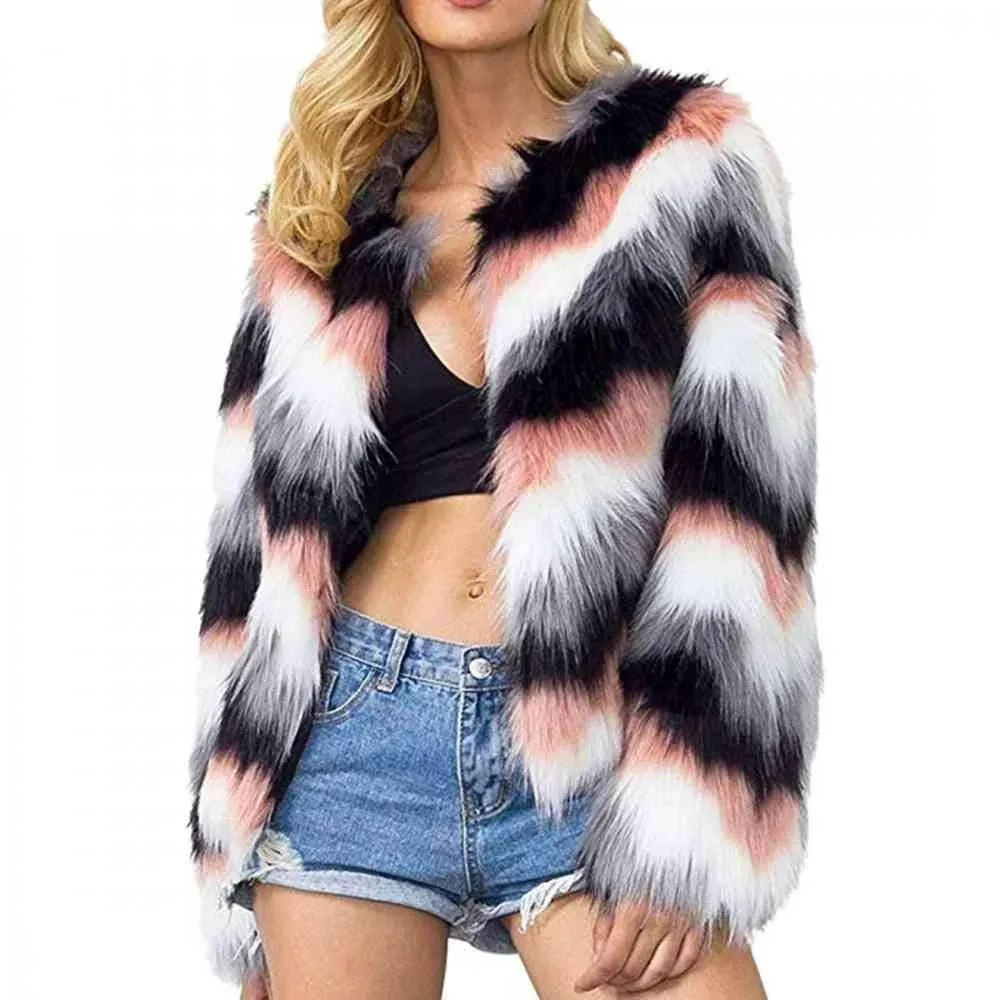 YYW Women Multicolor Winter Long Sleeve Faux Fur Coat Warm Parka Outwear Open ...