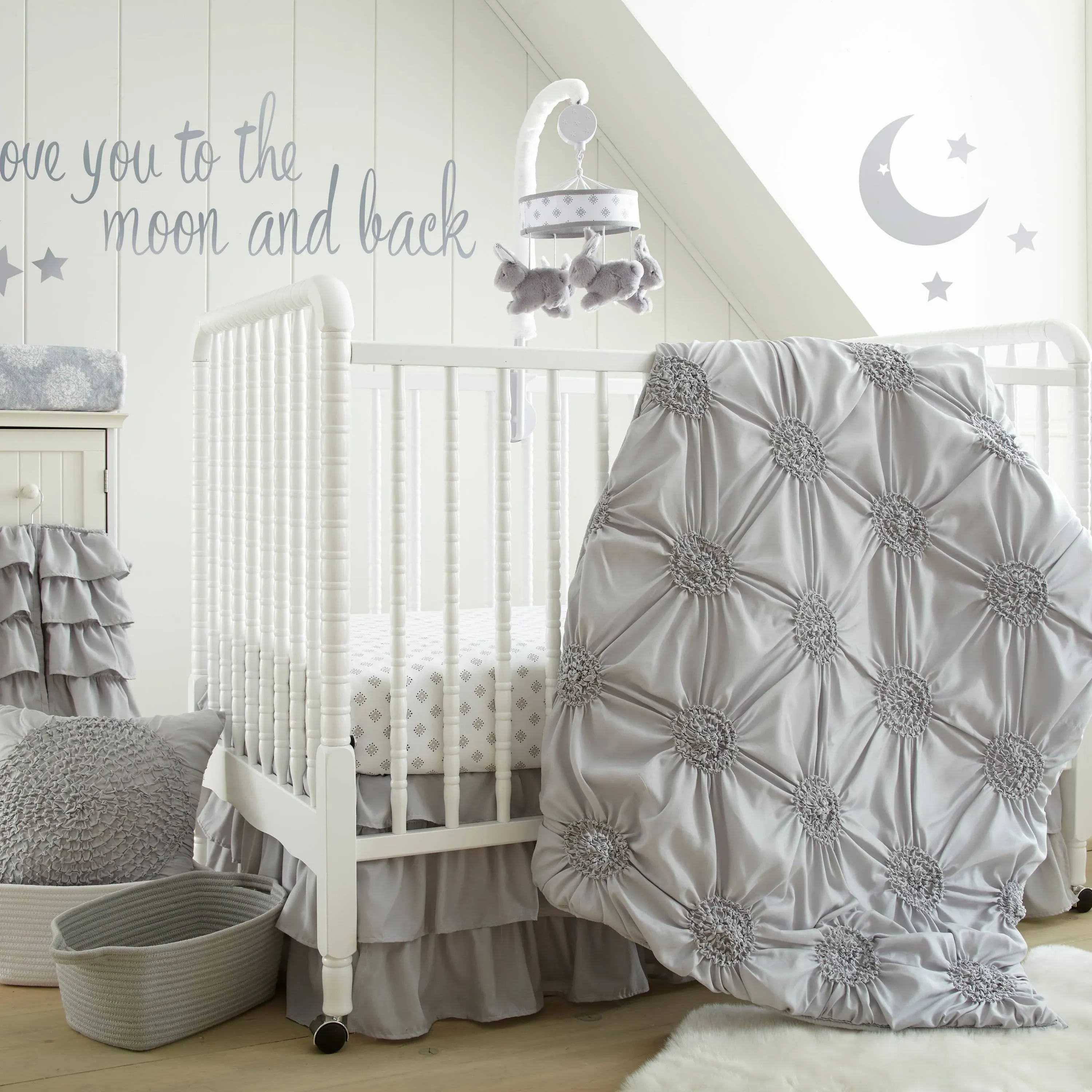 Levtex Baby - Willow Crib Bed Set - Baby Nursery Set - Grey - Soft Rosette Pintuck - 5 Piece Set includes Quilt, Fitted Sheet, Diaper Stacker, Wall Decal & Crib Skirt/Dust Ruffle