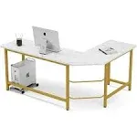 Modern L-Shaped Desk, Corner Computer Desk PC Workstation, White Faux Marble/Gold Metal Frame