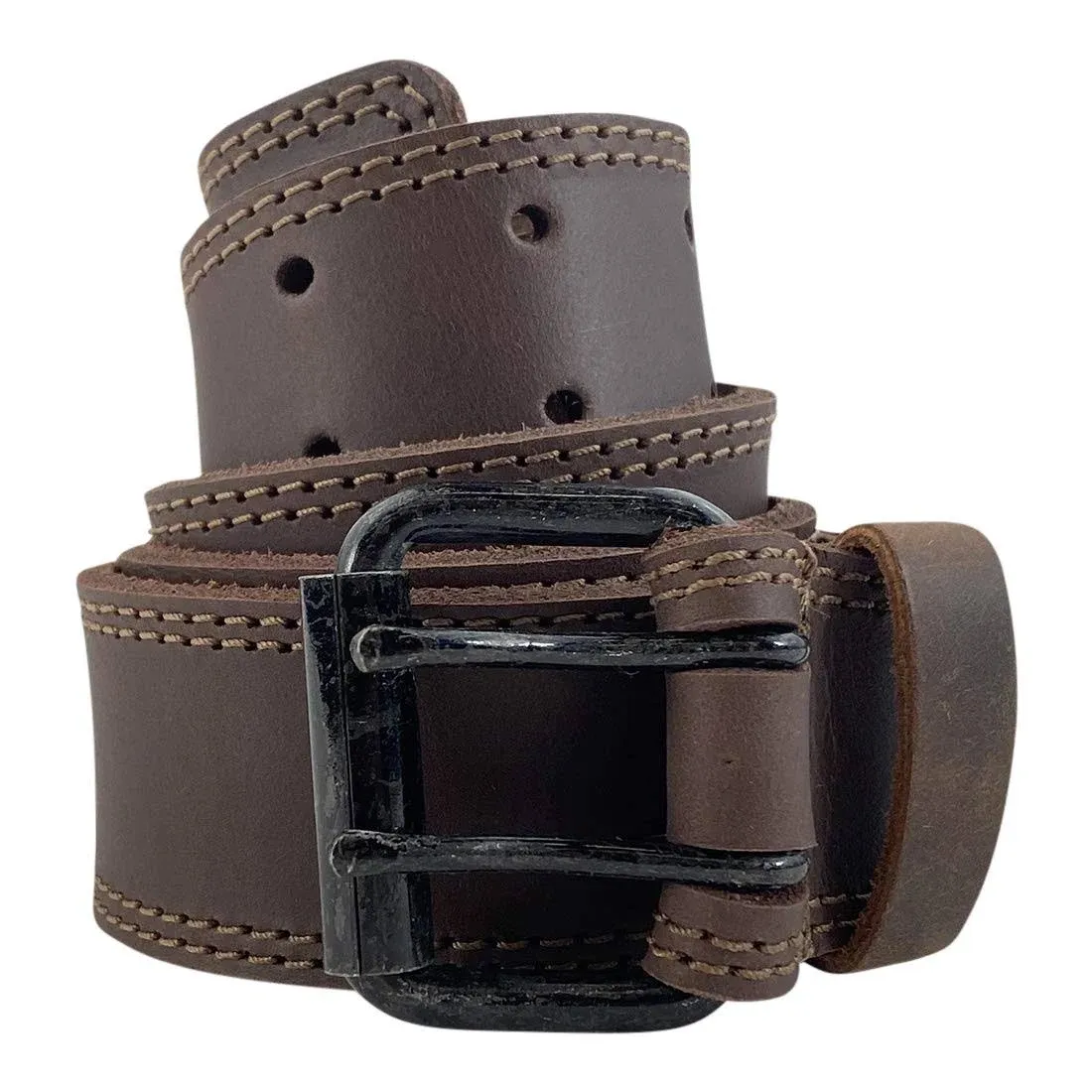 Two Row Stitch Black Double Prong Buckle Belt