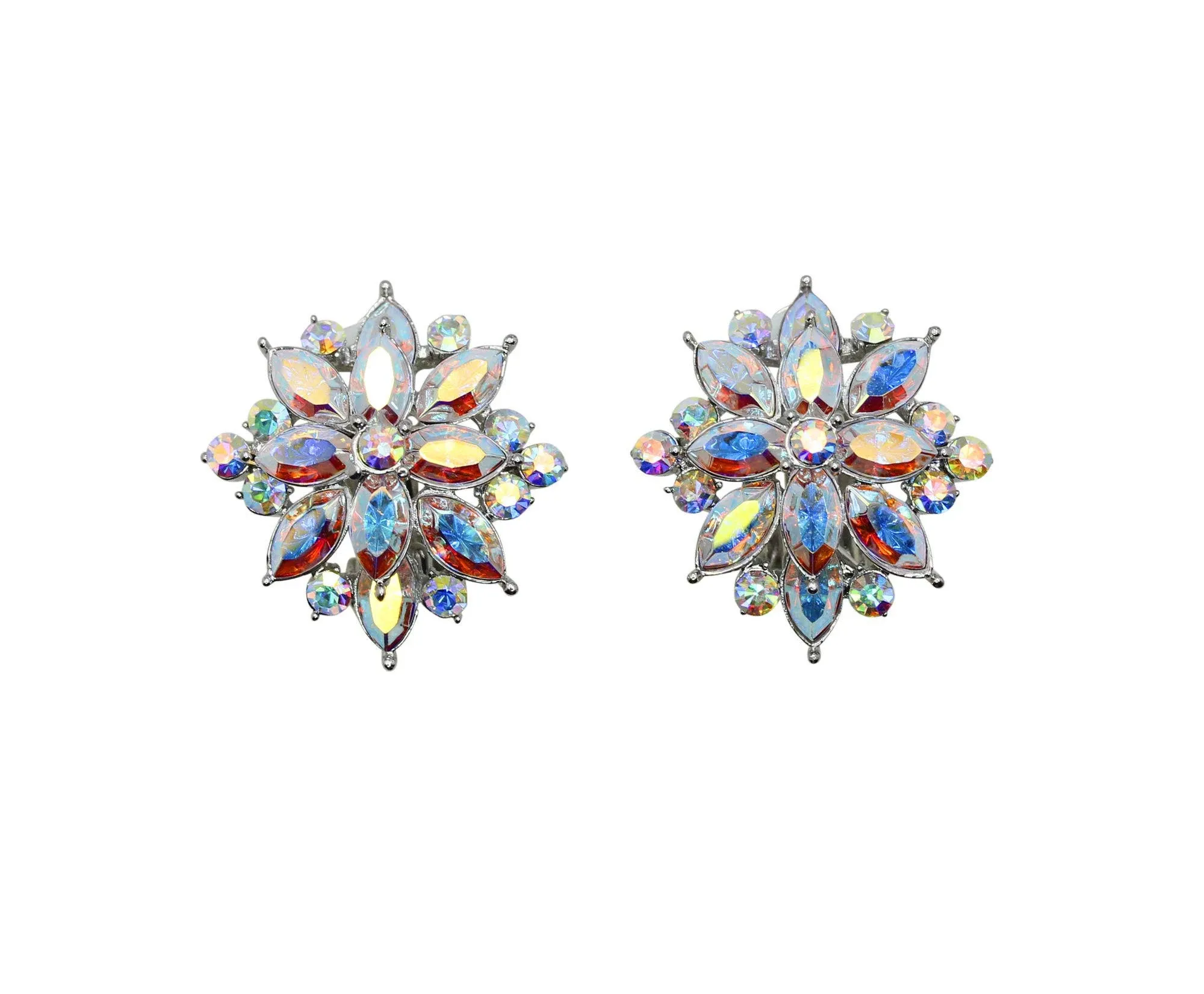 Faship Sparkling AB Crystal Clip on Style Floral Earrings - AB