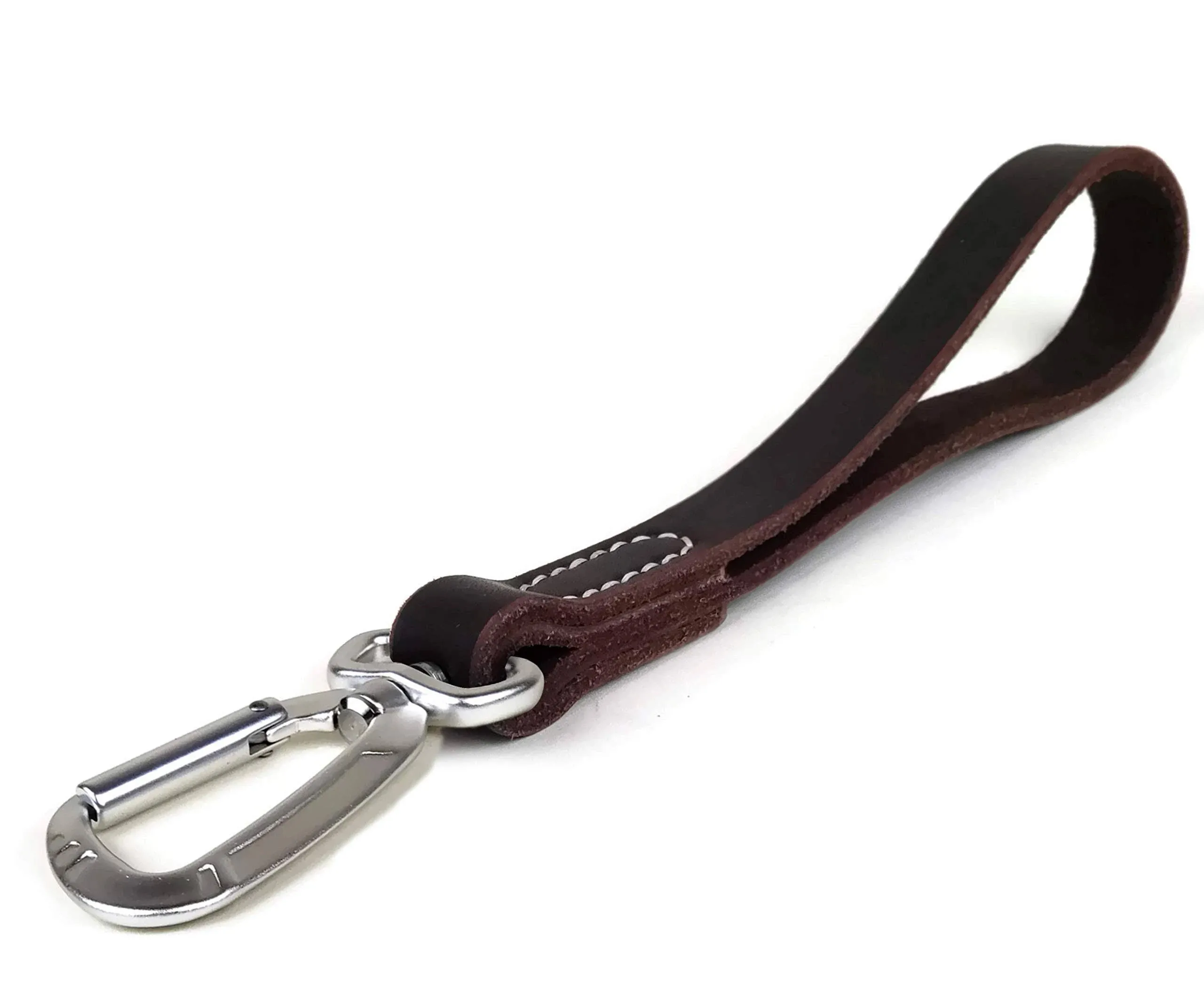 Mighty Paw Leather Leash Tab, 12” Short Dog Leash with Carabiner Clip, Training Traffic Lead for Large Dogs Brown