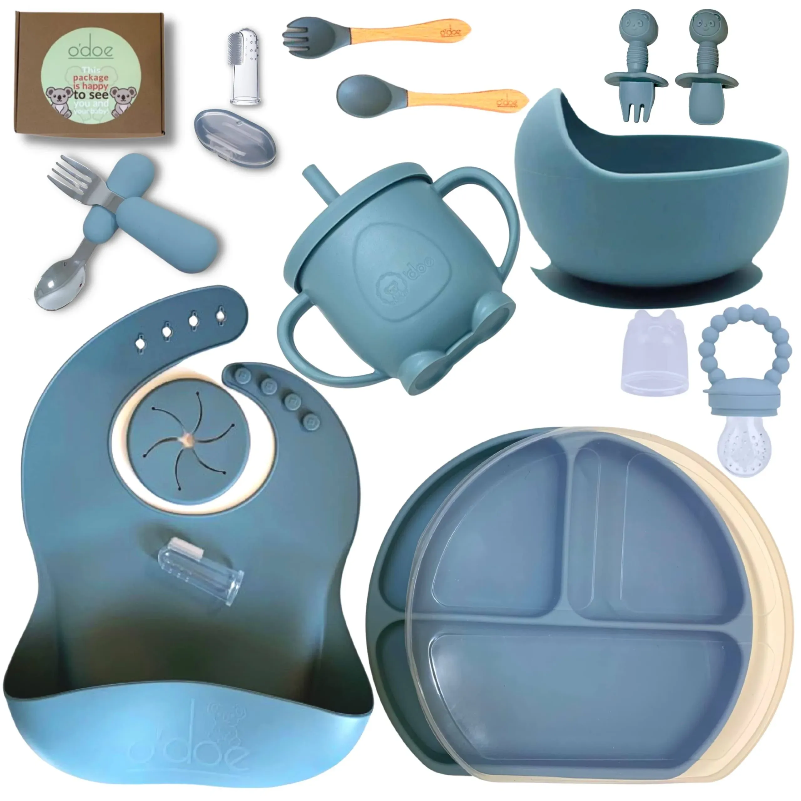 O'doe 17-Piece BPA-Free Silicone Baby Feeding Set | Thick & Soft Suction Plates, Baby Bowls, Wooden Fork & Spoon, and More | Make Mealtime Fun and Easy for Your Little One (Blue, V2)