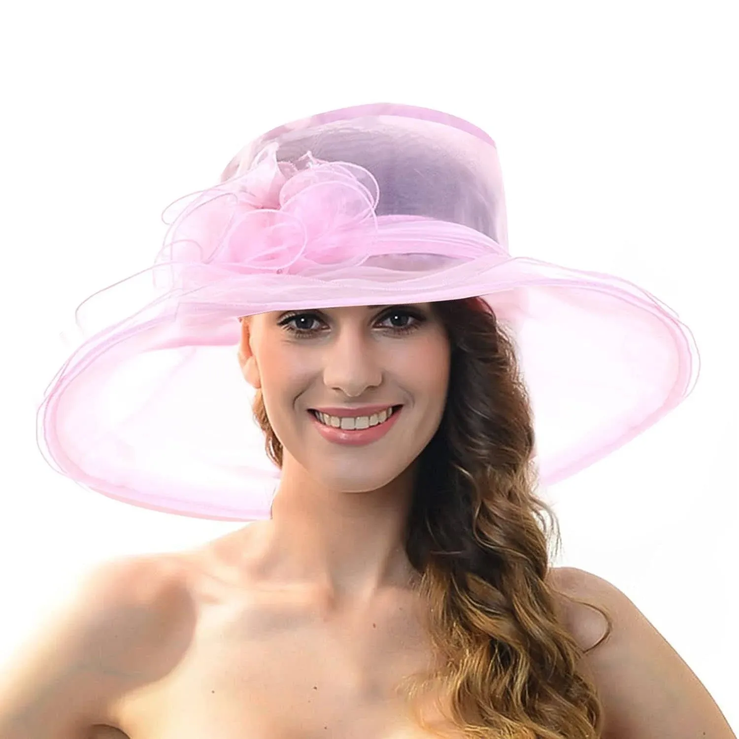 Acecharming Womens Sheer Wide Brim Sun Party Church Wedding Floral Organza Hat (Pink)