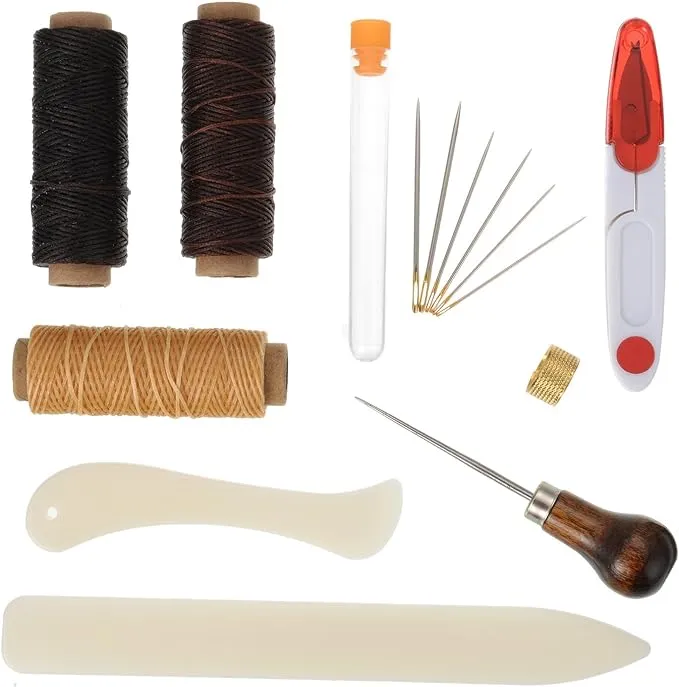 Shappy 15 Pieces Bookbinding Kit Starter Tools Set Bone Folder Paper Creaser, Waxed Thread, Awl, Large-Eye Needles for DIY Bookbinding Crafts and