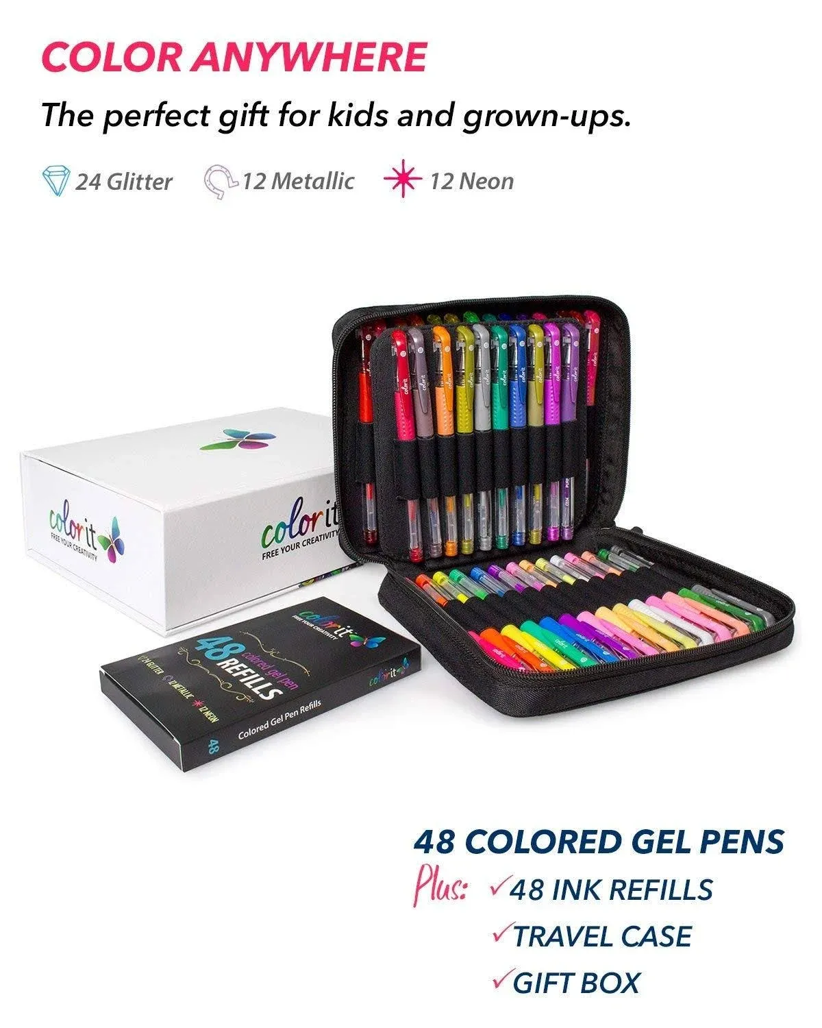 48 Colored Gel Pen Set, 48 Ink Refills, Travel Case &amp; Gift Box