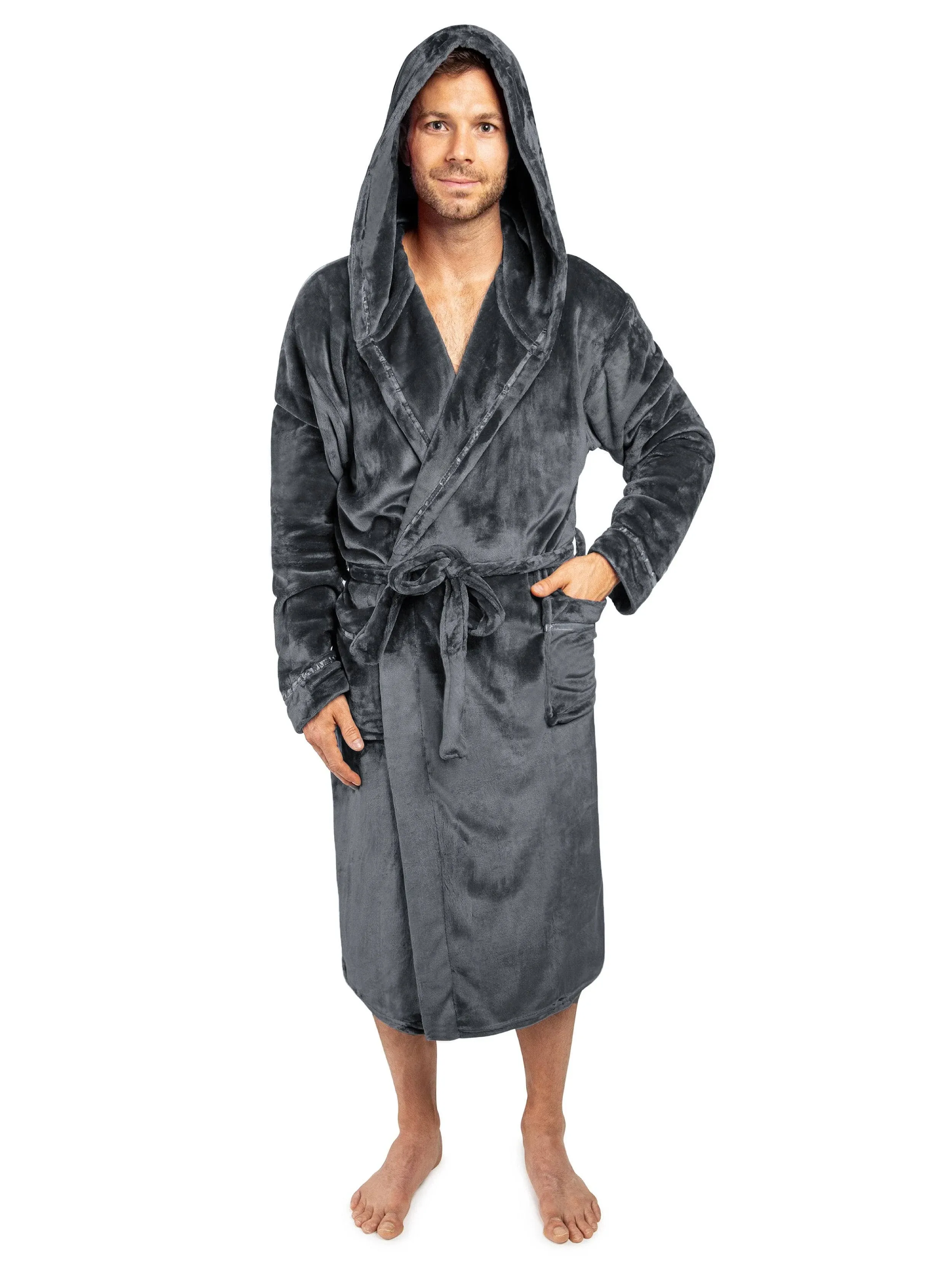 PAVILIA Mens Robe, Hooded Fleece Bathrobe for Men, Plush Long Warm Robe for Male Bath Spa