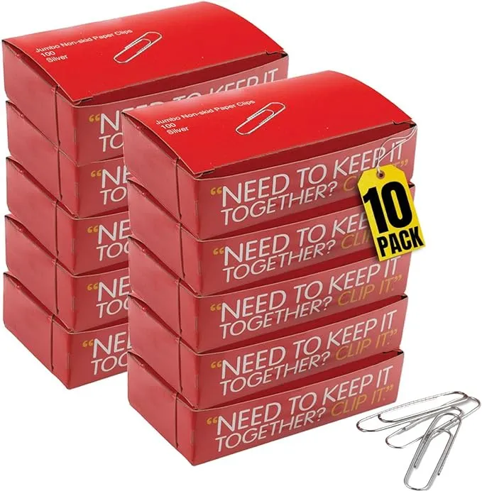 1InTheOffice Jumbo Paper Clips, Silver, Non-Skid, 100/Pack, 10 Packs