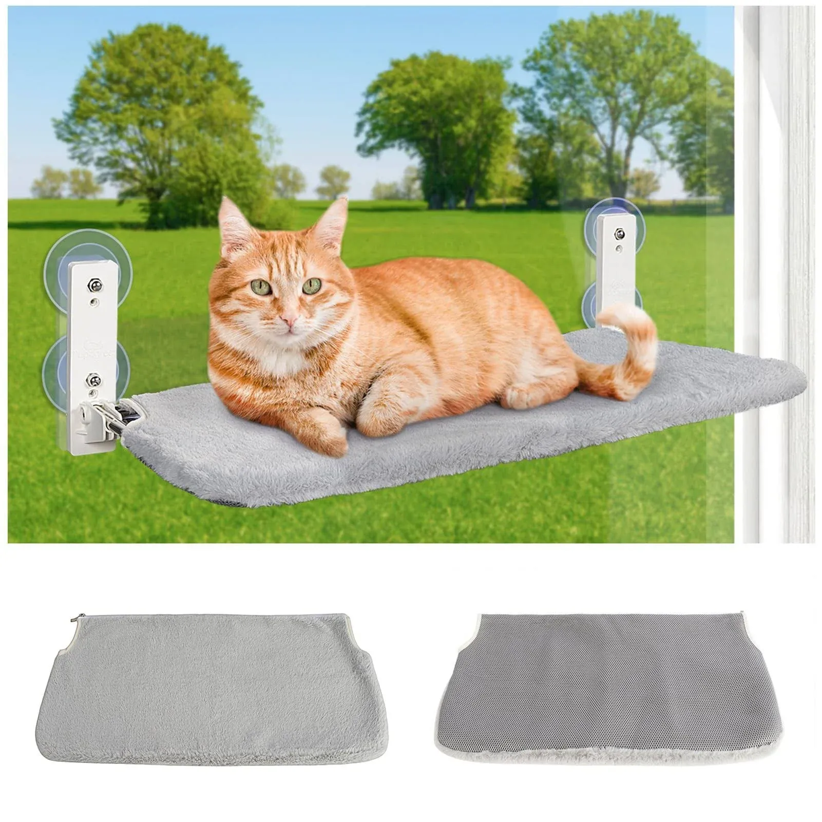 Cordless Foldable Cat Window Perch, Cat Hammock Update Secure Hold with 4 Cone Shape Suction Cups and 2 Sturdy Larger Base,Glass Windows Hammock for Cats Inside (Grey Medium)