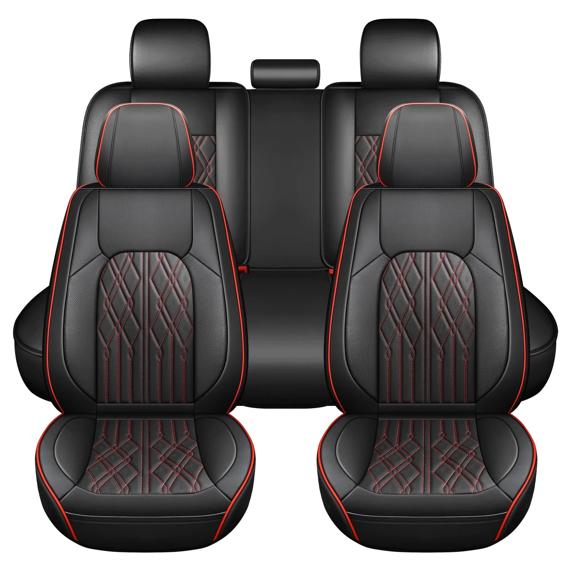 Huidasource Car Seat Covers Full Set, Leather Vehicle Cushion Covers, Universal Fit for Most Car Sedan SUV Pickup Truck, Fit for Acura Honda City Nissan Altima Mazda Hyundai (Full Set/Black&Red)