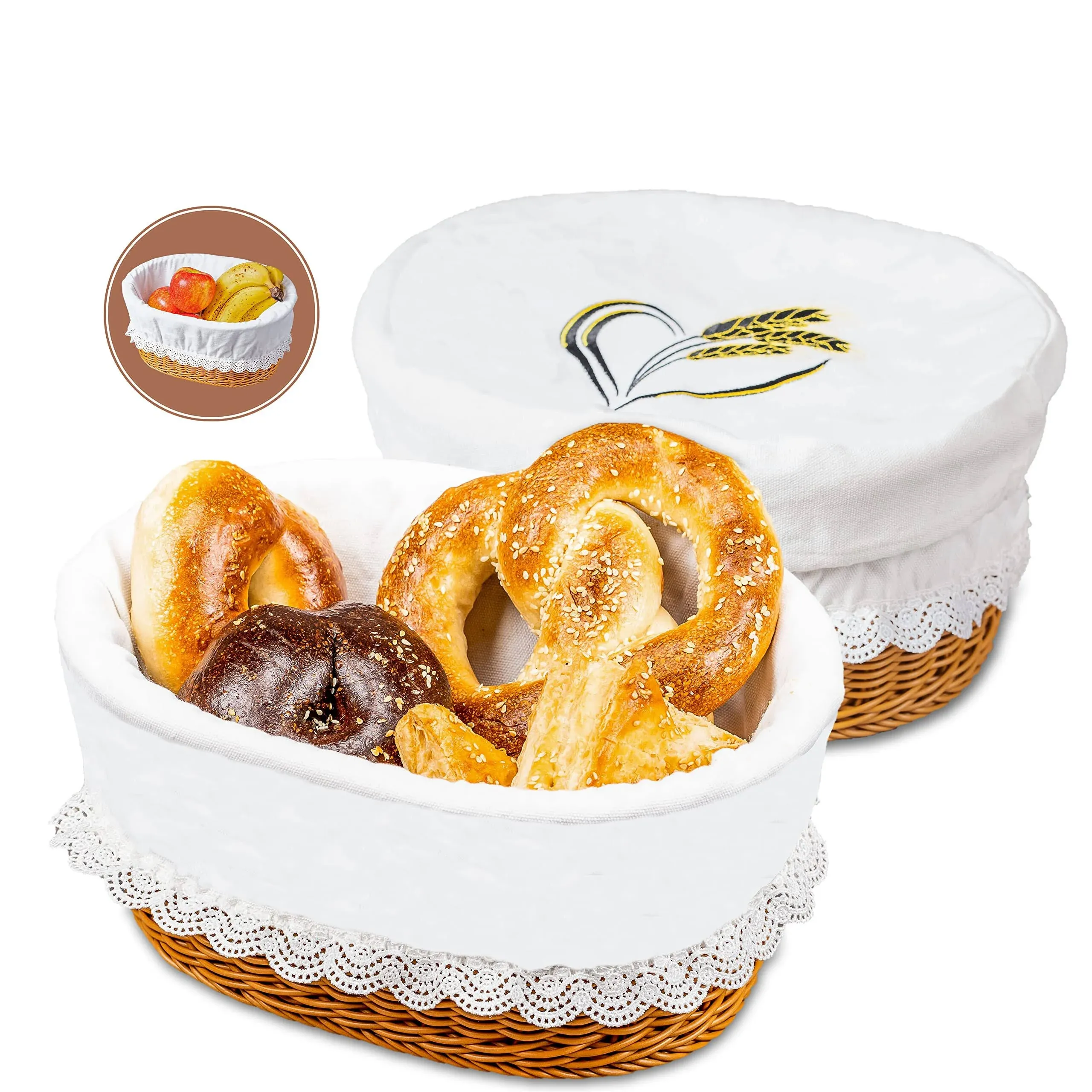 Extra Large 12.5' Bread Basket Serving Set for Sourdough Bread, Pastries, Muffins, Bagels. Includes Removable Liner and Cover, Storage and Fruit basket (Poly Wicker Extra Large Basket)