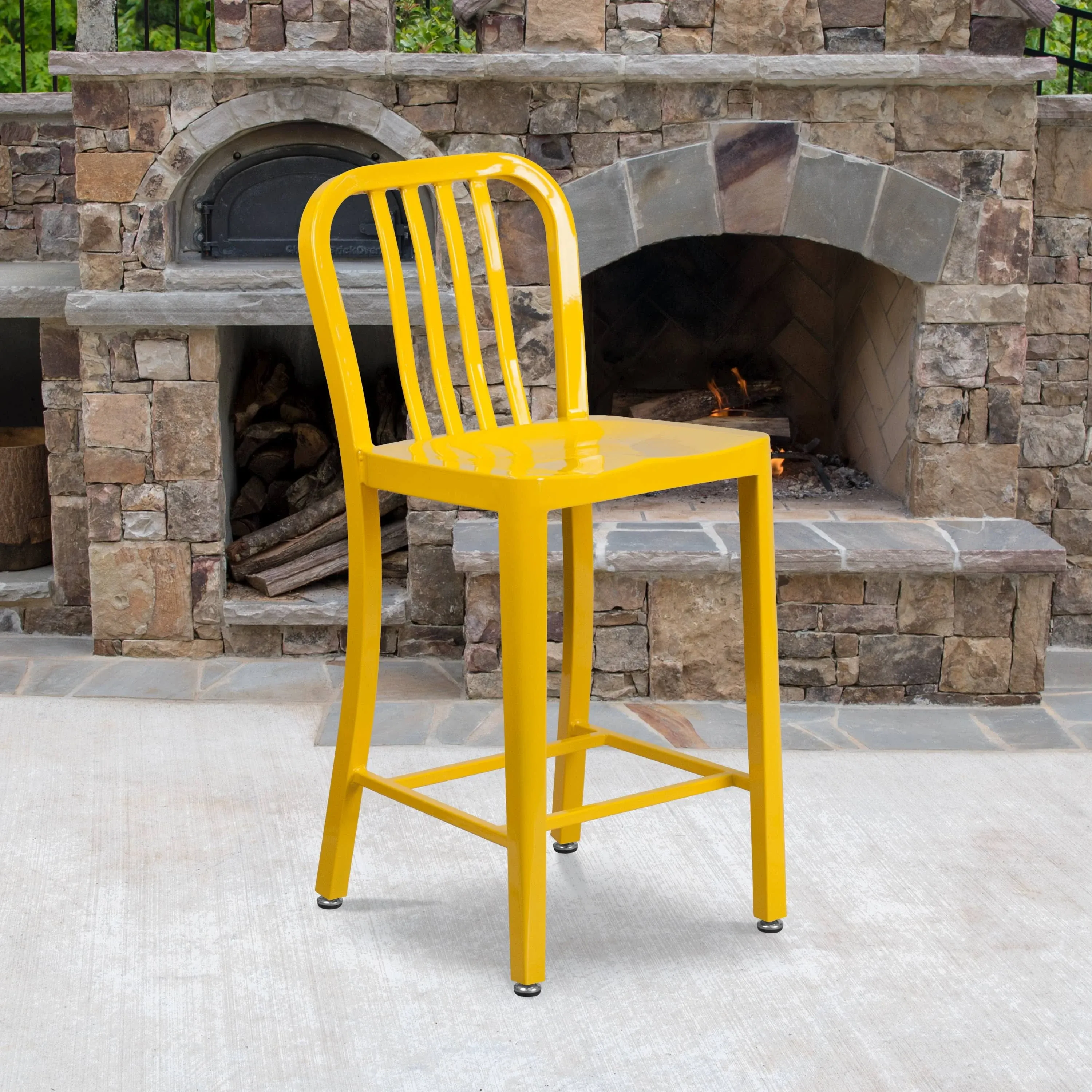 Flash Furniture CH-61200-24-YL-GG 24" Yellow Metal Indoor / Outdoor Counter Height Stool with Vertical Slat Back