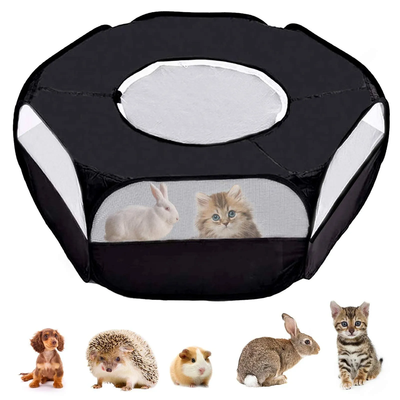 Small Animals Playpen, Breathable & Waterproof Pet Playpen Cage Tent with Zippered Cover Outdoor/Indoor Portable Fence Tent for Puppy/Kitten/Rabbits/Hamster/Chinchillas/Guinea Pig (Black)