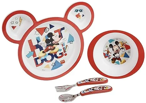 The First Years Disney Mickey Mouse Dinnerware Set - Toddler Plates and Toddler Utensils- 4 Count