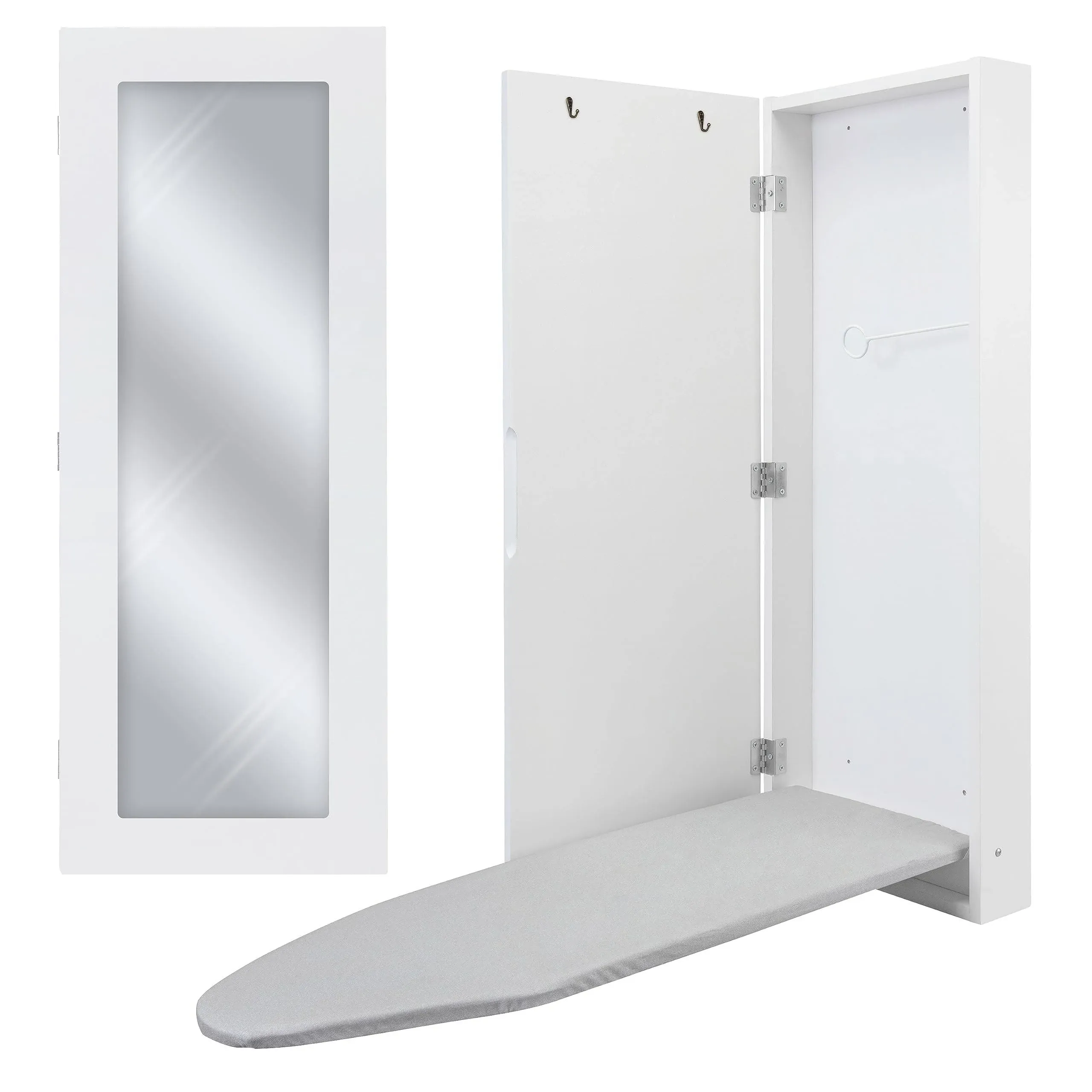 Ironing Board, Wall Mounted Ironing Board Cabinet W/Left Side Door, Mirror &amp; Lever, White