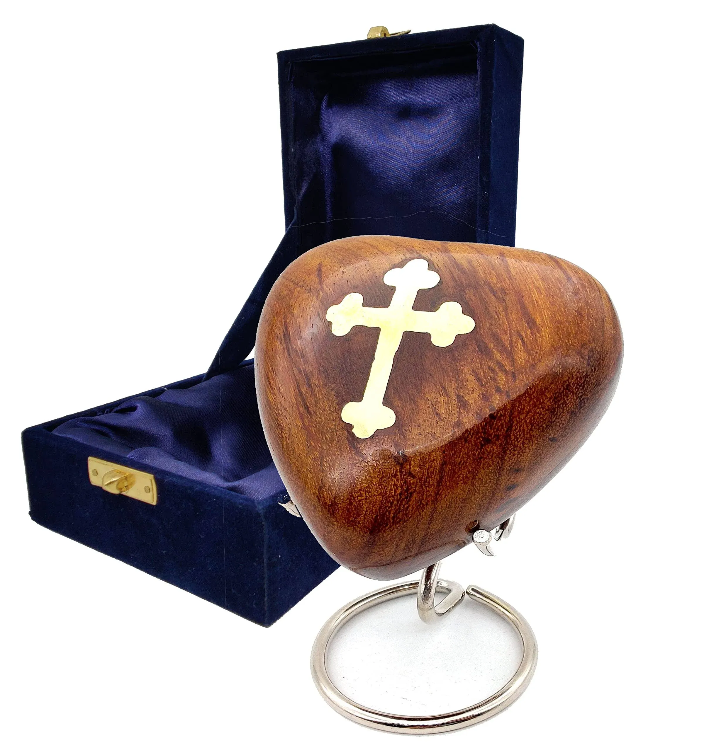 Cross Inlay Wooden Heart Keepsake Urn - Mini Ash Small Handcrafted Brown 