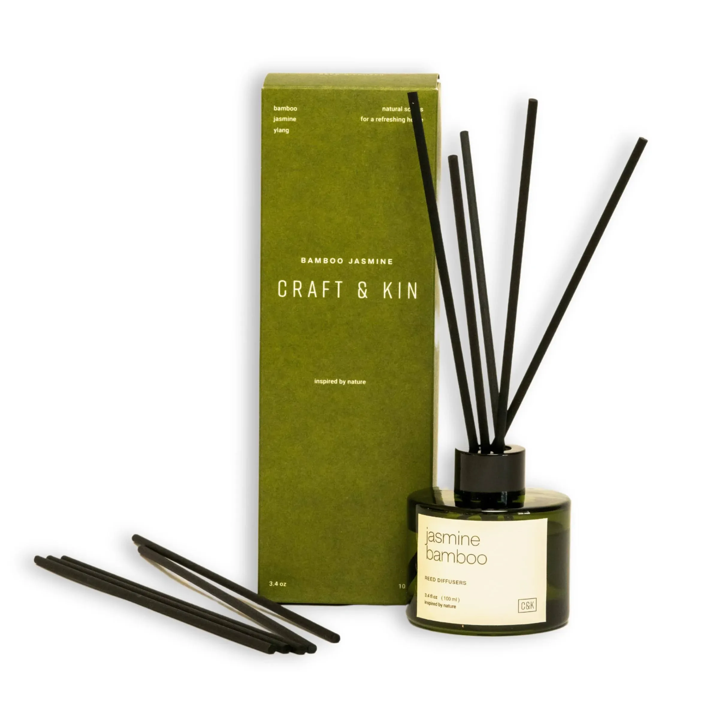 Craft & Kin Reed Diffuser Set Bamboo & Jasmine, Reed Diffusers for Home, Fragrance Diffuser Sticks, Oil Diffuser Sticks, Oil Diffuser with Sticks, Reed Diffuser for Men | Diffuser Reeds Sticks