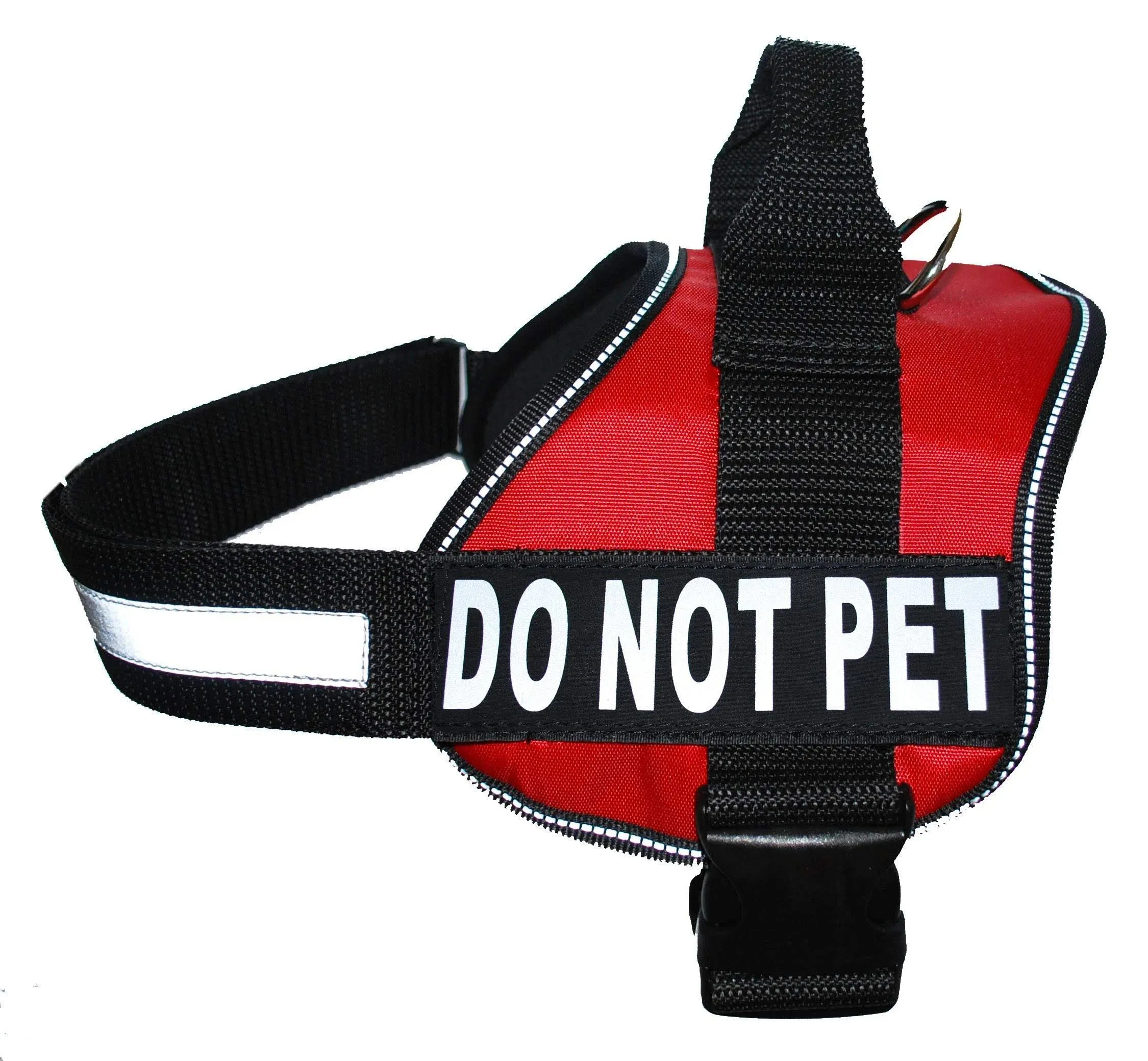 DO NOT PET Dog Vest Harness with Removable Patches and Reflective Trim. Comes with 2 DO NOT PET Reflective Removable Patches. Please Measure Dogs Girth Before Purchase