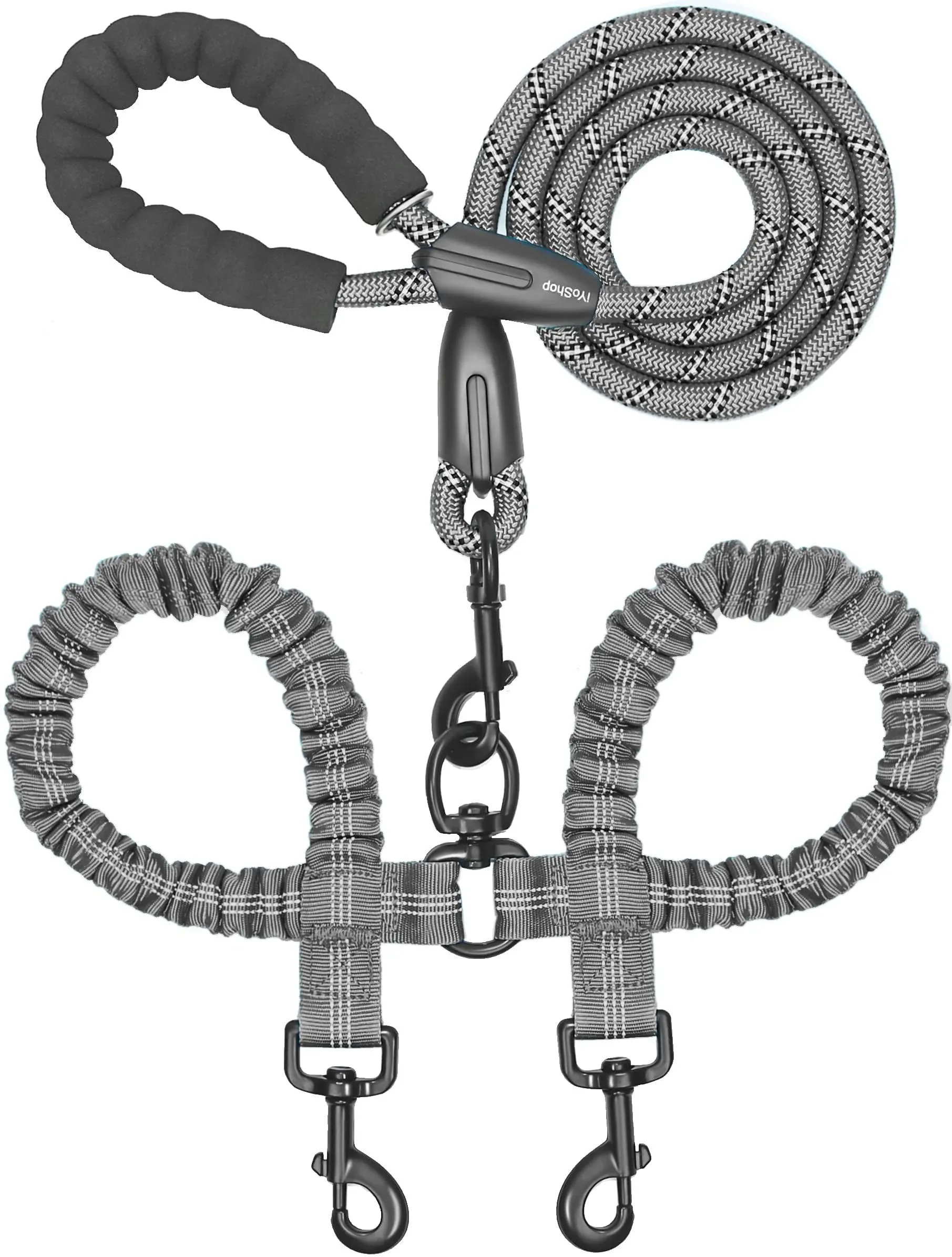 iYoShop Dual Dog Leash, Double Dog Leash, 360 Swivel No Tangle Walking Leash, Shock Absorbing Bungee for Two Dogs, Grey, Large (25-150 lbs)