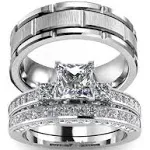 His Hers Wedding Ring Sets Couples Matching Rings Women's 10K White Gold Filled Square CZ Wedding Engagement Ring Bridal Sets & Men's Tungsten