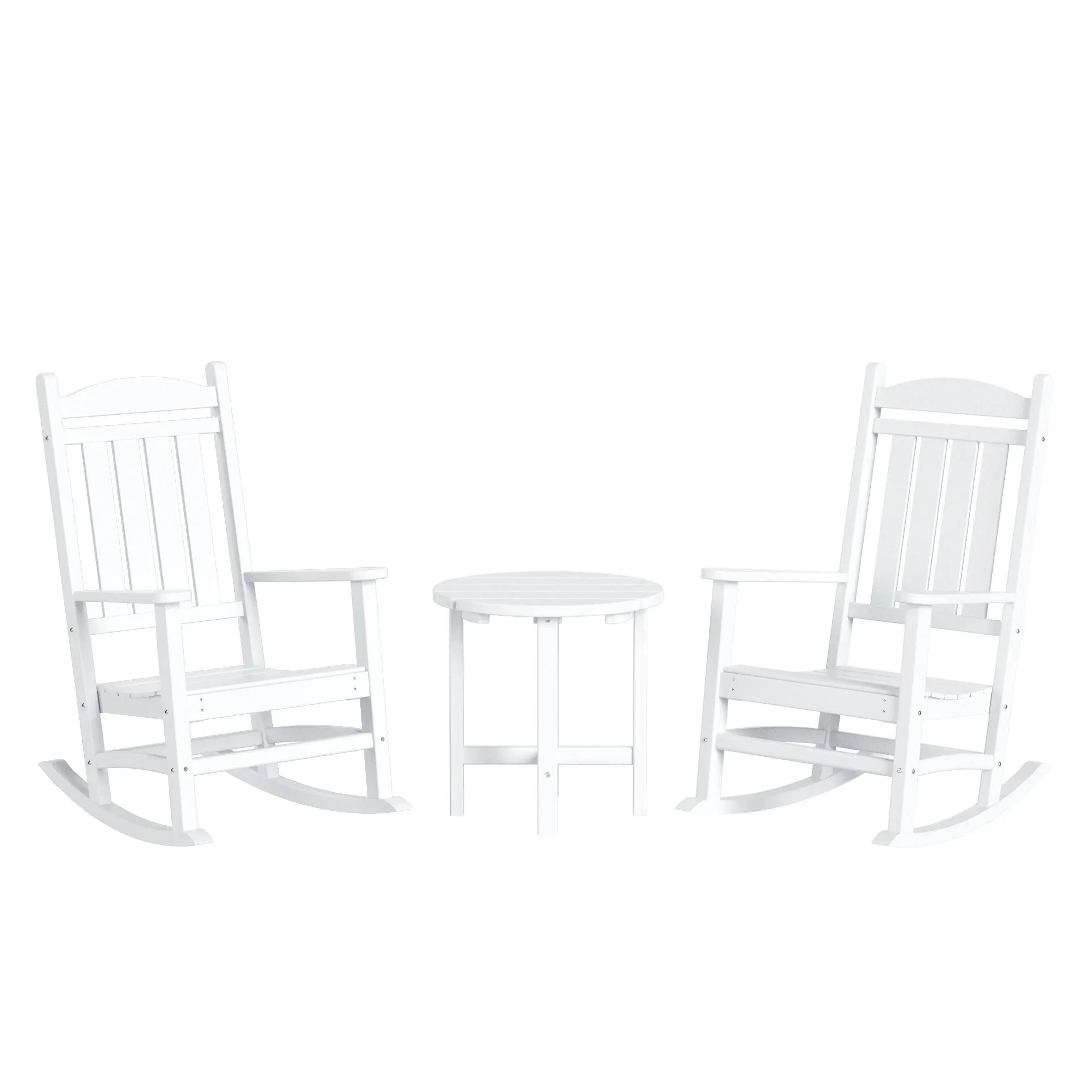 WestinTrends 3 Piece Outdoor Porch Rocking Chairs with Round Side Table Set - White