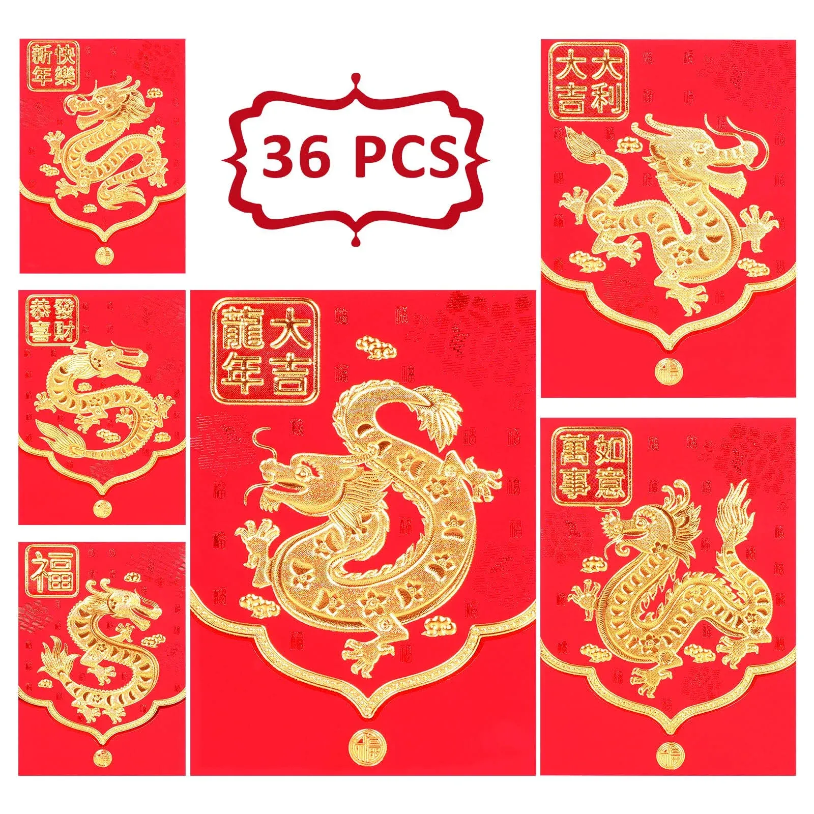 36 Pack 2024 Year of the Dragon Red Envelopes for Spring Festival 6 Design He...