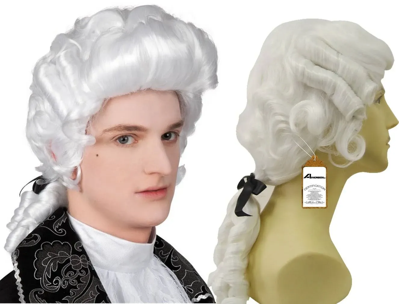 Anogol Hair+Cap Lawyer White Curly Wig Colonial Cosplay Wig Synthetic