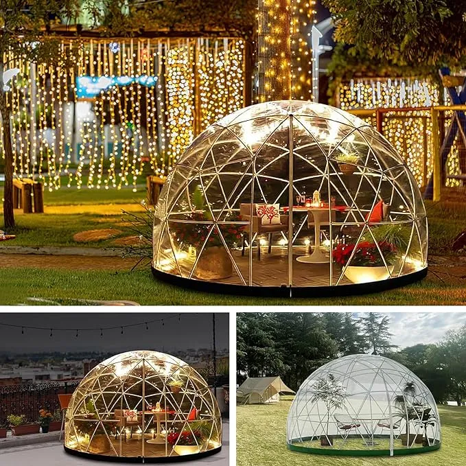 Garden Dome Igloo, 12 * 7.2 ft PVC Dome Tents with 2 * 10m Light Strings, Weatherproof Greenhouse Garden Bubble Tent, Outdoor Igloo Dome for Winter, Party, Backyard