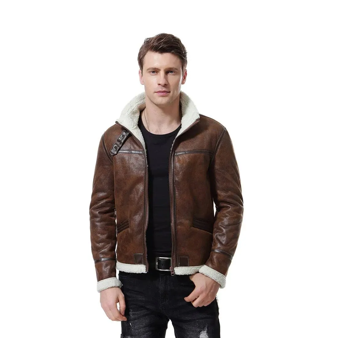 Aowofs Men's Faux Leather Jacket Brown Motorcycle Bomber Shearling Suede Stand Collar