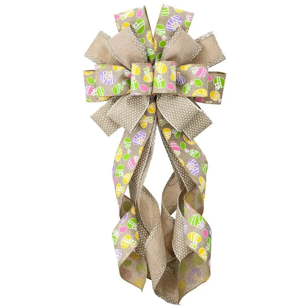 Large Easter Wreath Bows for Front Door Flaxen Burlap Bows Easter Eggs Bow Ho...