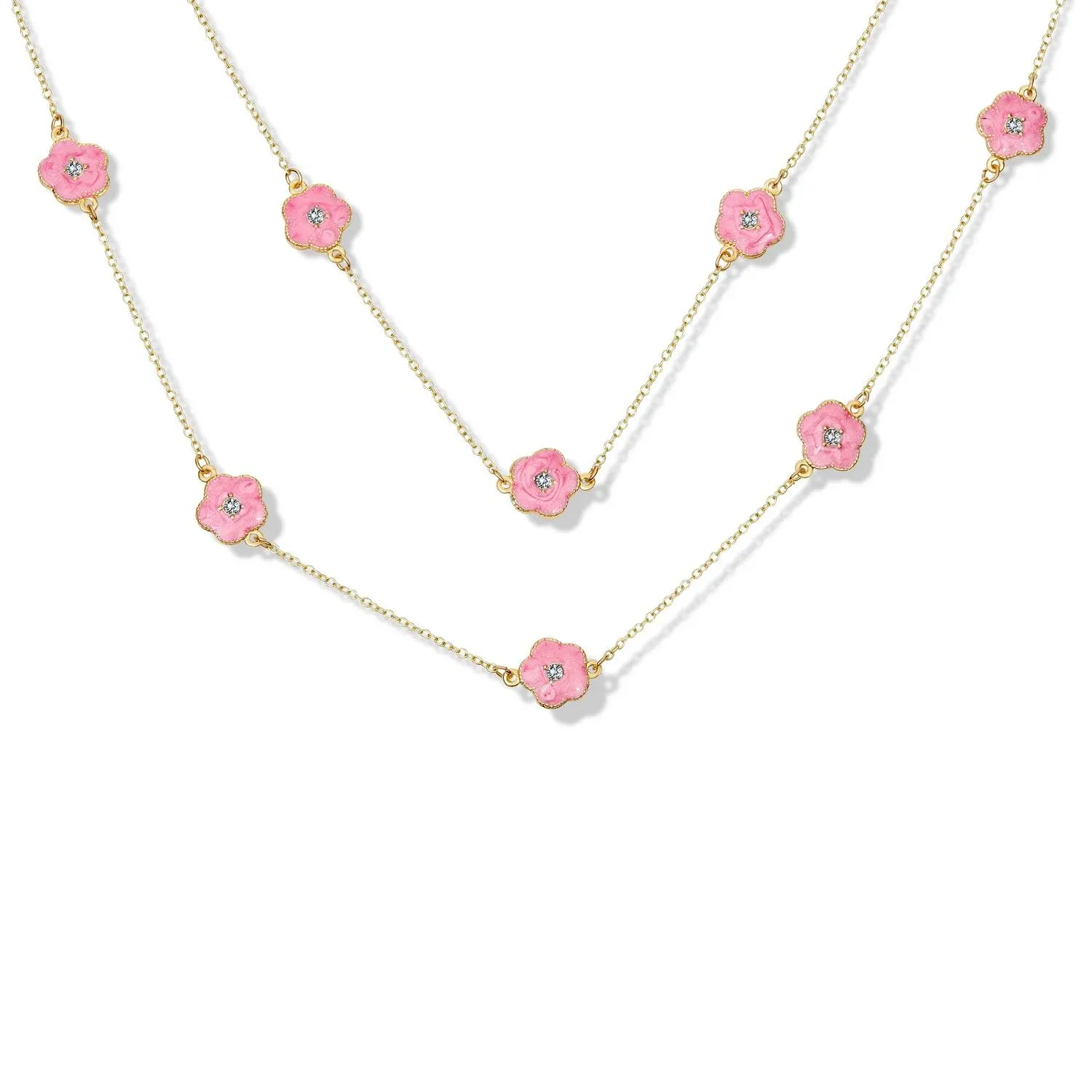 Flower Gold Plated Crystal Chain Wrap Layer Long Clover Necklace 36" Pink