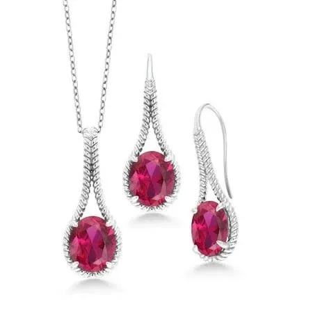 Gem Stone King 15.00 ct Oval Red Created Ruby 925 Silver Pendant Earrings Set ...