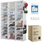 Shoe Organizer Cabinet Up to 72 Pairs, Shoe Closet-Covered Shoe Rack with See-Through Door (Clear, Plastic, Stackable) Cubby Portable Shoe Organizer with Covers, Hooks & Pockets, White