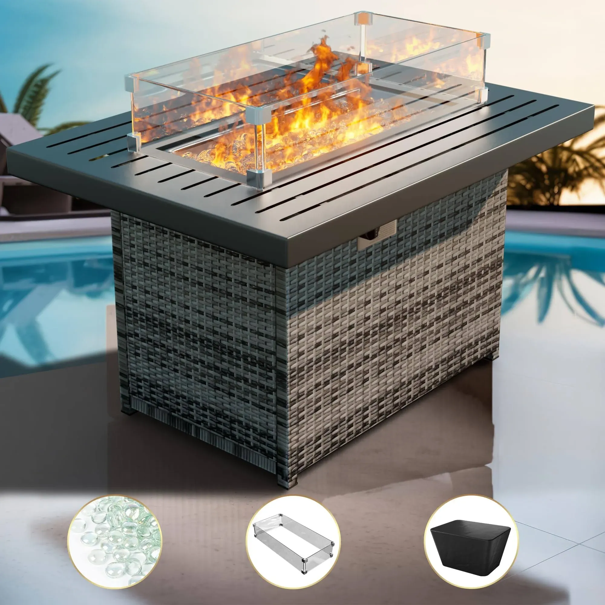 Yoyomax Hand Weave Rattan Propane Fire Pit Table Grey Rattan-Aluminu<wbr/>m Top