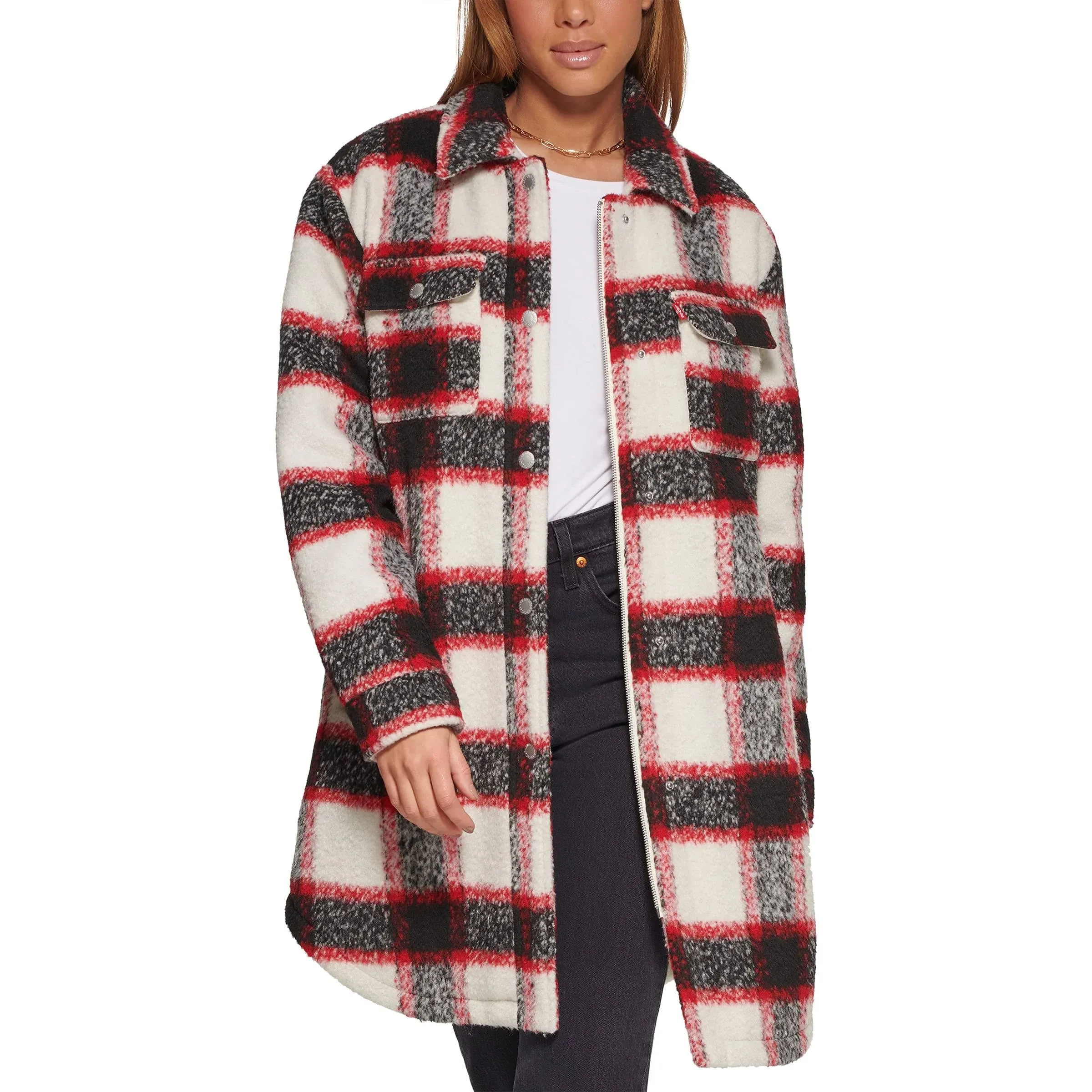 Levi's Women's Wool Blend Sherpa Lined Long Shacket, Red/White/Black Plaid, Large