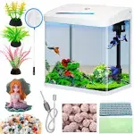 Glass Fish Tank 2.3 Gallon Aquarium Starter Kit Small Betta Fish Tank Desktop Mini Fish Bowl for Shrimp Small Fish with Pump LED Light Simulated Water Plants and Filtering Materials (Black)