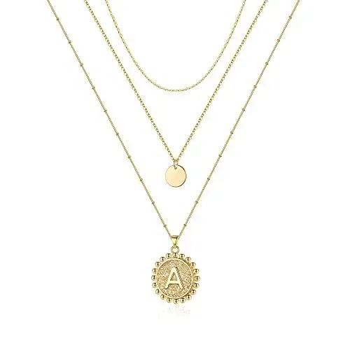 Gold Layered Initial Necklaces for Women, 14K Gold Plated Dainty Layering Disc ...