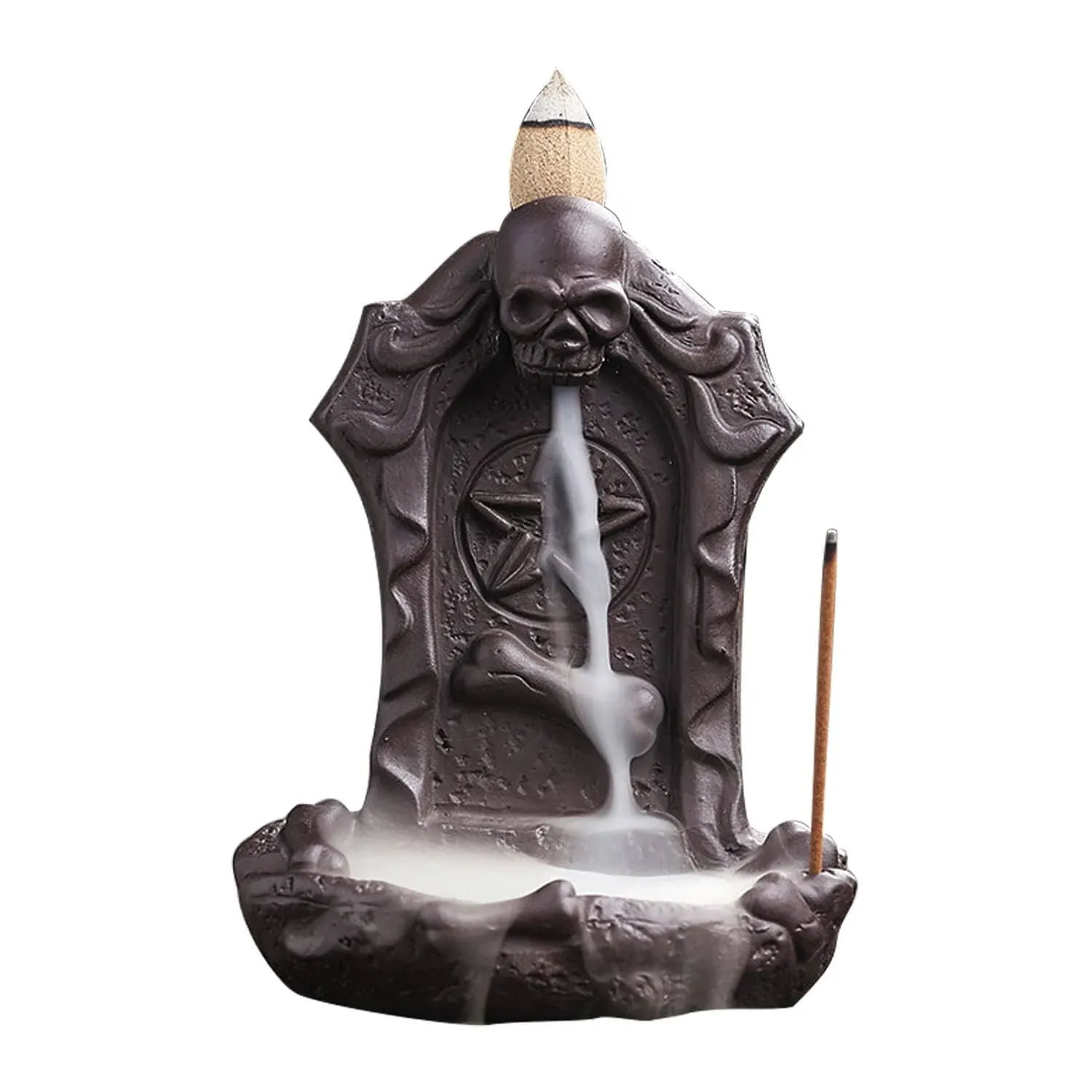 Skull Décor Backflow Incense Burner, Waterfall Incense Holder with 60 Cones, Ceramic Gothic Smoke Fountain for Halloween Christmas Birthday Gifts