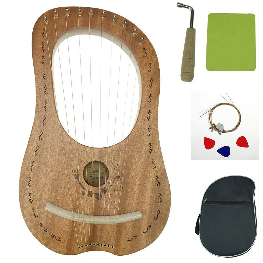 OW Lyre Harp 10 Metal String Wooden Saddle Mahogany Lye Harp with Tuning Wrench