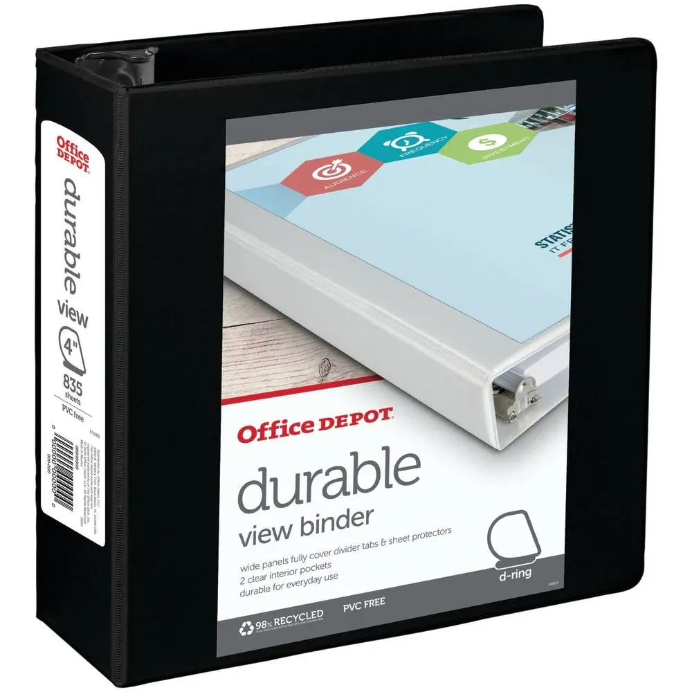 Office Depot Brand Durable View 3-Ring Binder, 4" Slant Rings, Black