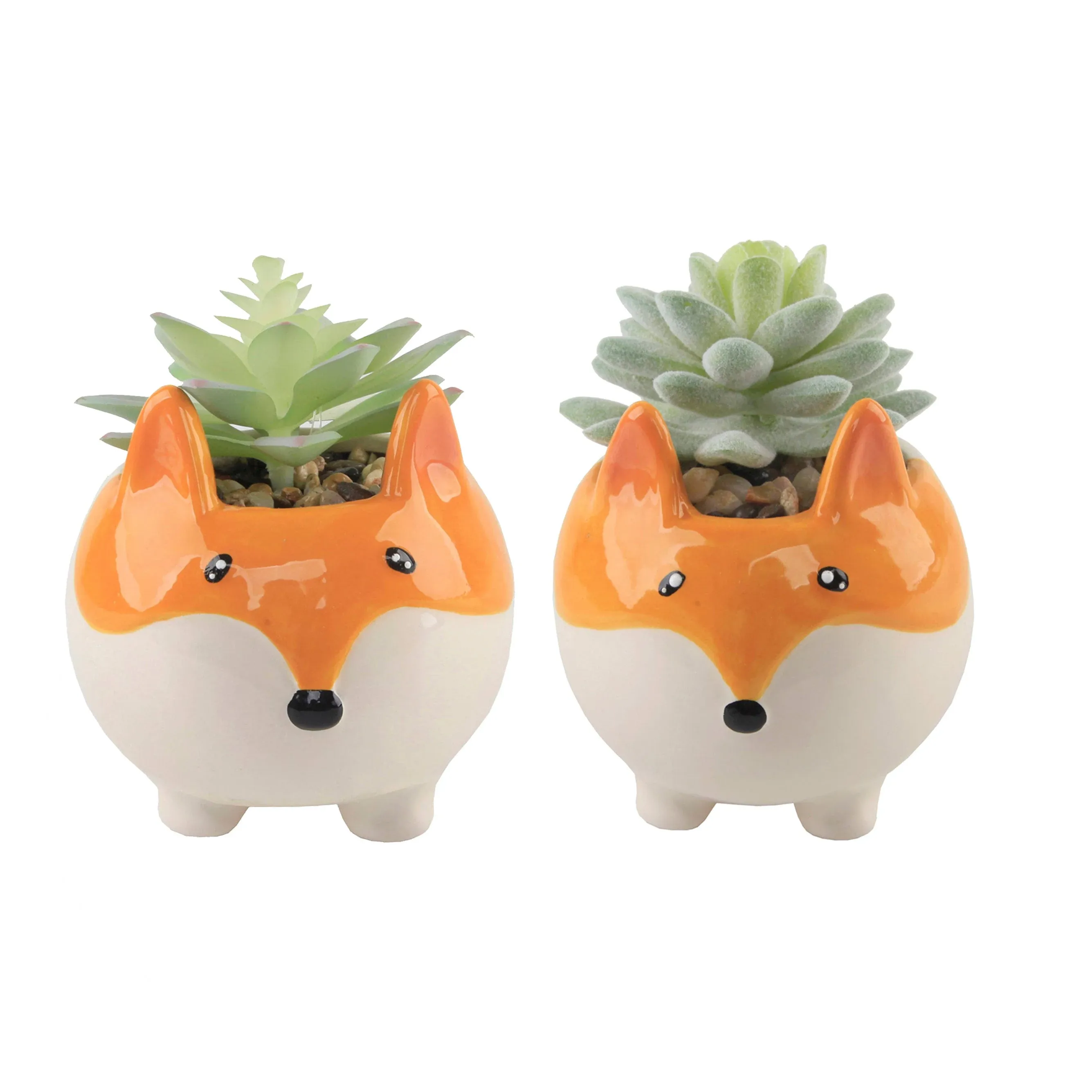 Faux Succulent in 3.5&#034; Small Orange Fox Ceramic Planter,Set  ONE-SIZE