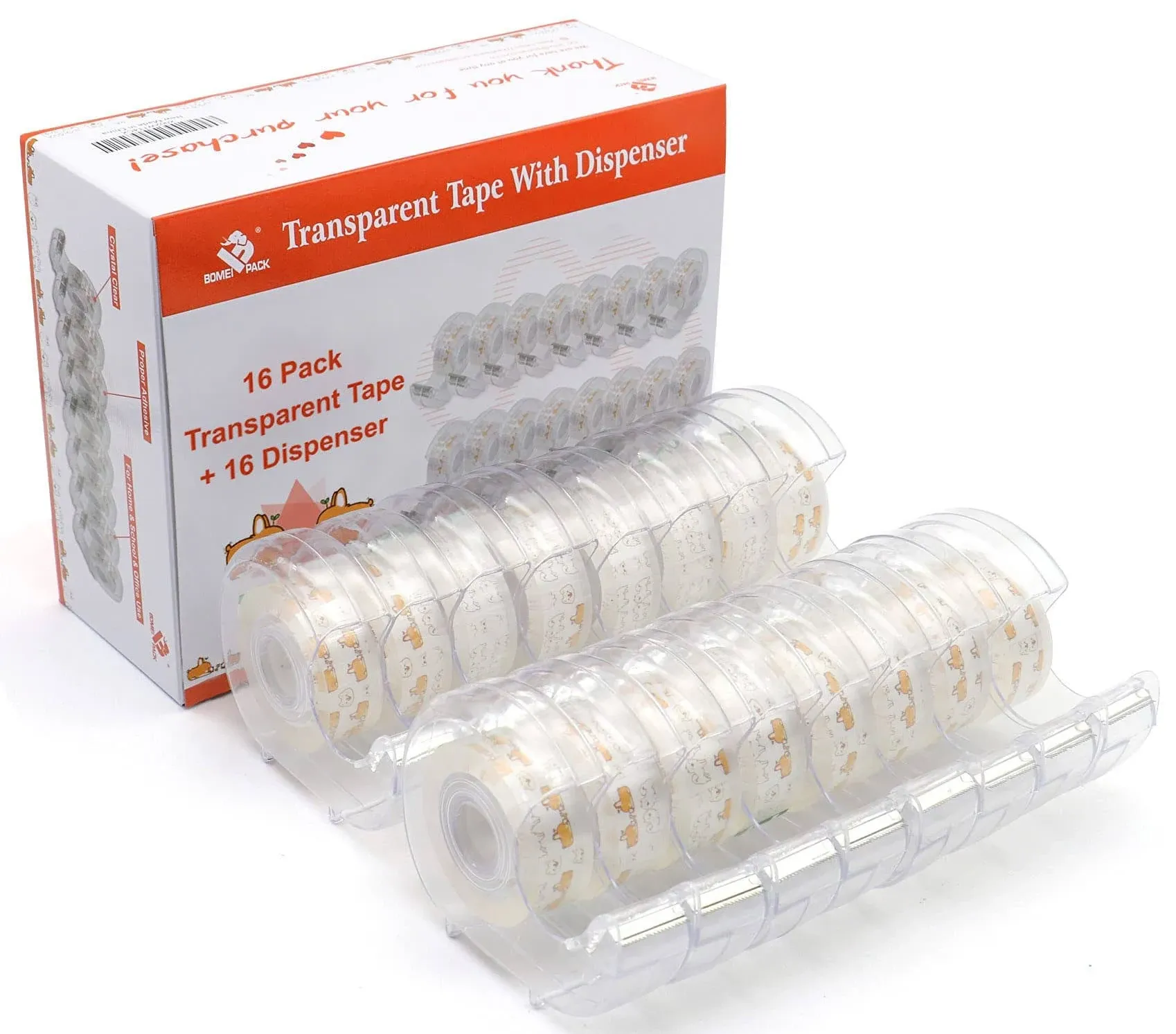 BOMEI PACK Office Transparent Tape with Dispenser, 16PACK Clear Refill Rolls Gift Wrap Tape Dispenser, 3/4in x 1000in