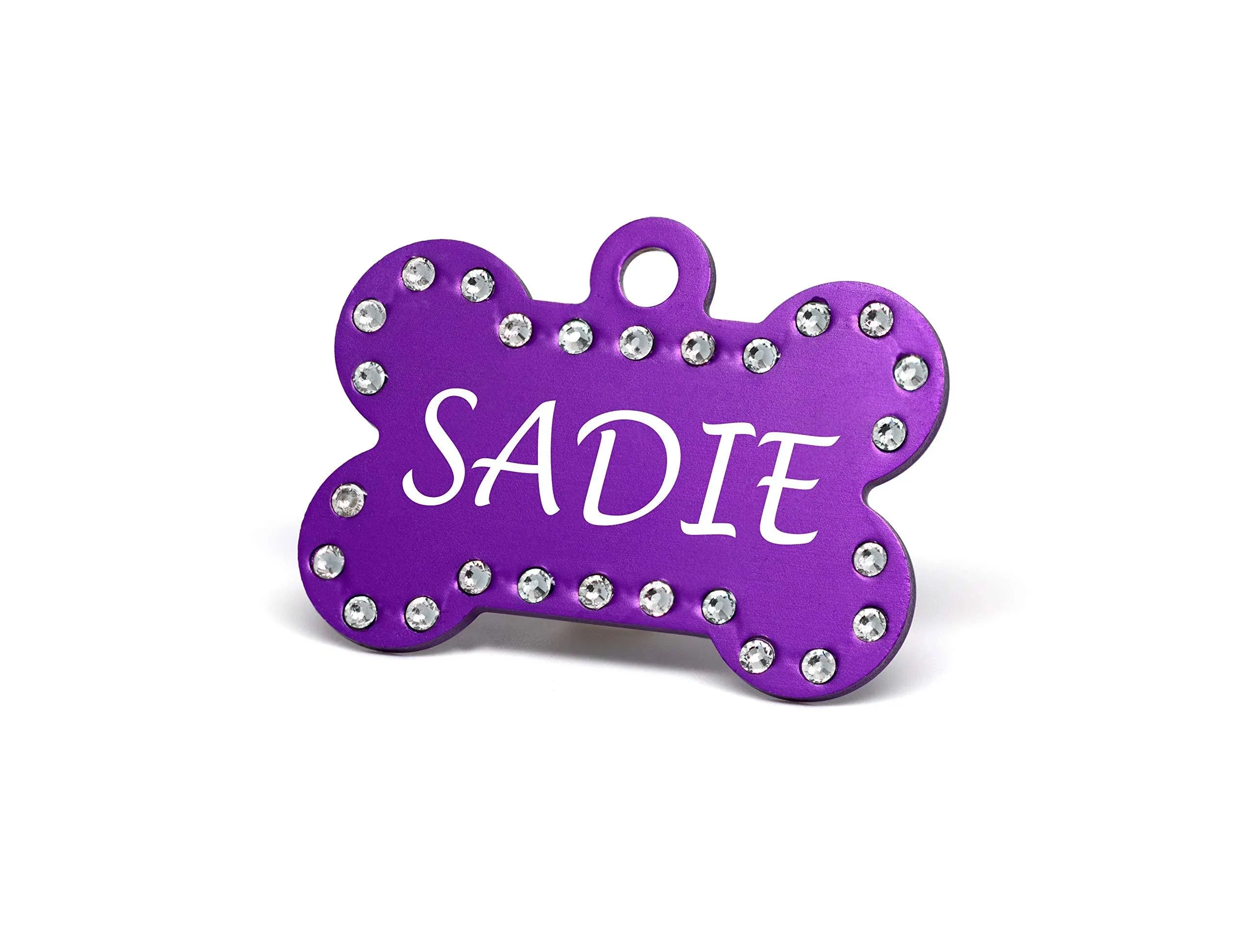 Custom Engraved Pet ID Tags with Swarovski Crystal - 1.5" Long x 1" Tall, Anodized Aluminum, Bone Shape, Purple