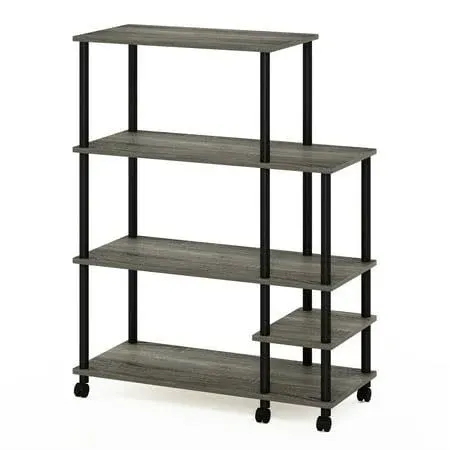 Furinno Turn-N-Tube 4-Tier Wide Toolless Multipurpose Printer Stand Display Storage Shelf with Wheels, French Oak Grey/Black